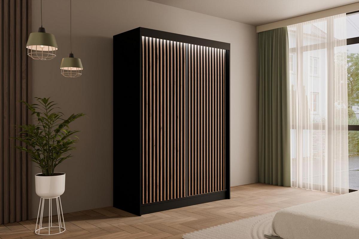 KLEIDERSCHRANK mit LED, Lamel-Schiebetüren VILANv2 - 120 cm Schwarz + Lamelle Eiche Wotan - Eiche Wotan/Schwarz, Holzwerkstoff (120/215/61cm) - ALTDECOR