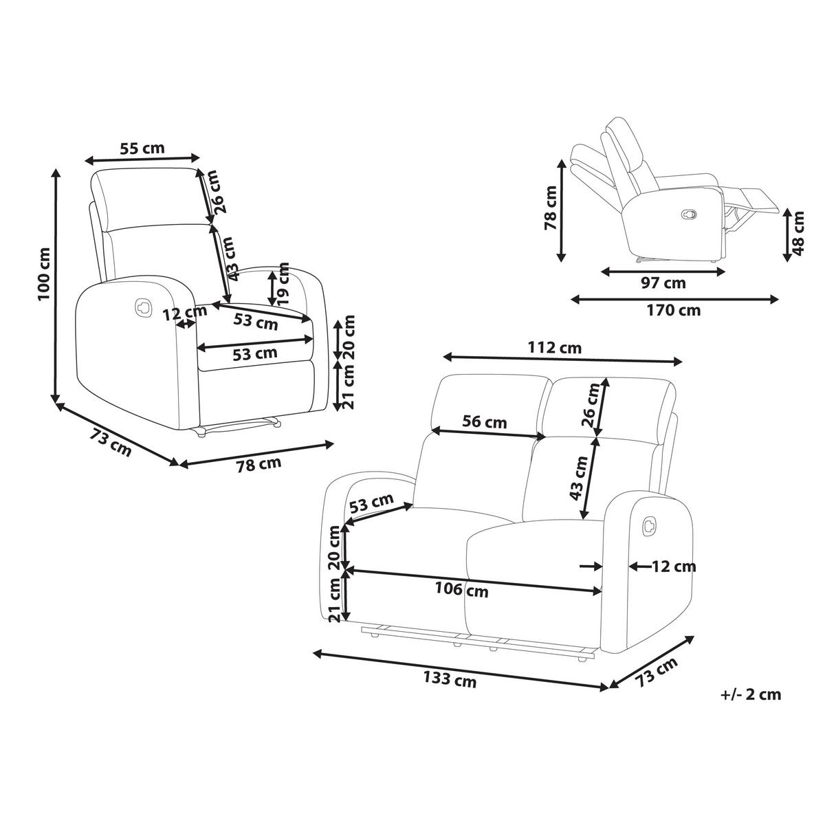 SOFA-SET manuell verstellbar 3-Sitzer Samtstoff Hellbraun Verdal - Hellbraun/Braun, Textil (133/100/73cm) - Beliani
