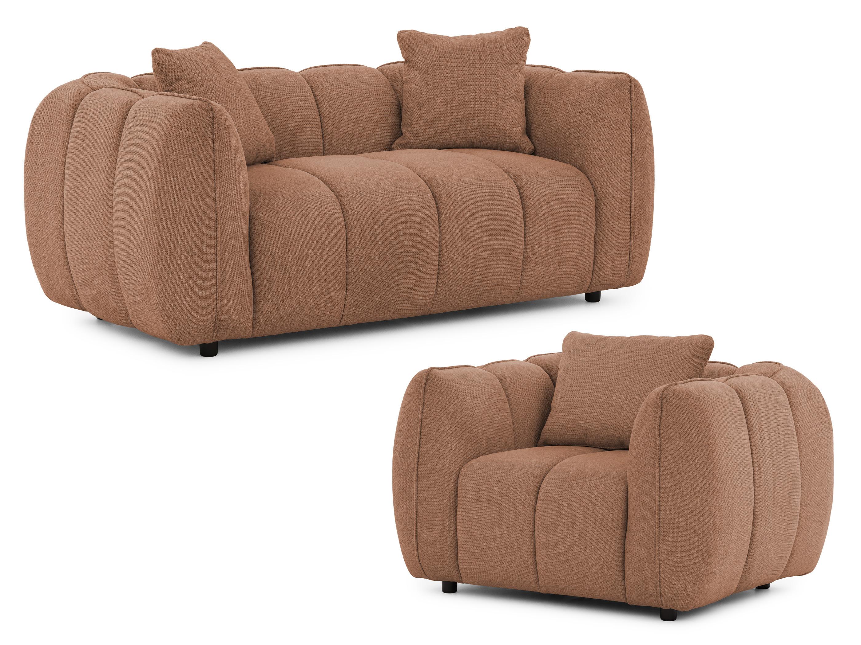 SITZGARNITUR 2+1 Nubira in tief gesteppter Bubble-Optik aus weichem Terrakotta Strukturstoff im modernen Design - Terracotta/Schwarz, Holz/Kunststoff (172/69/89cm) - S-Style Möbel