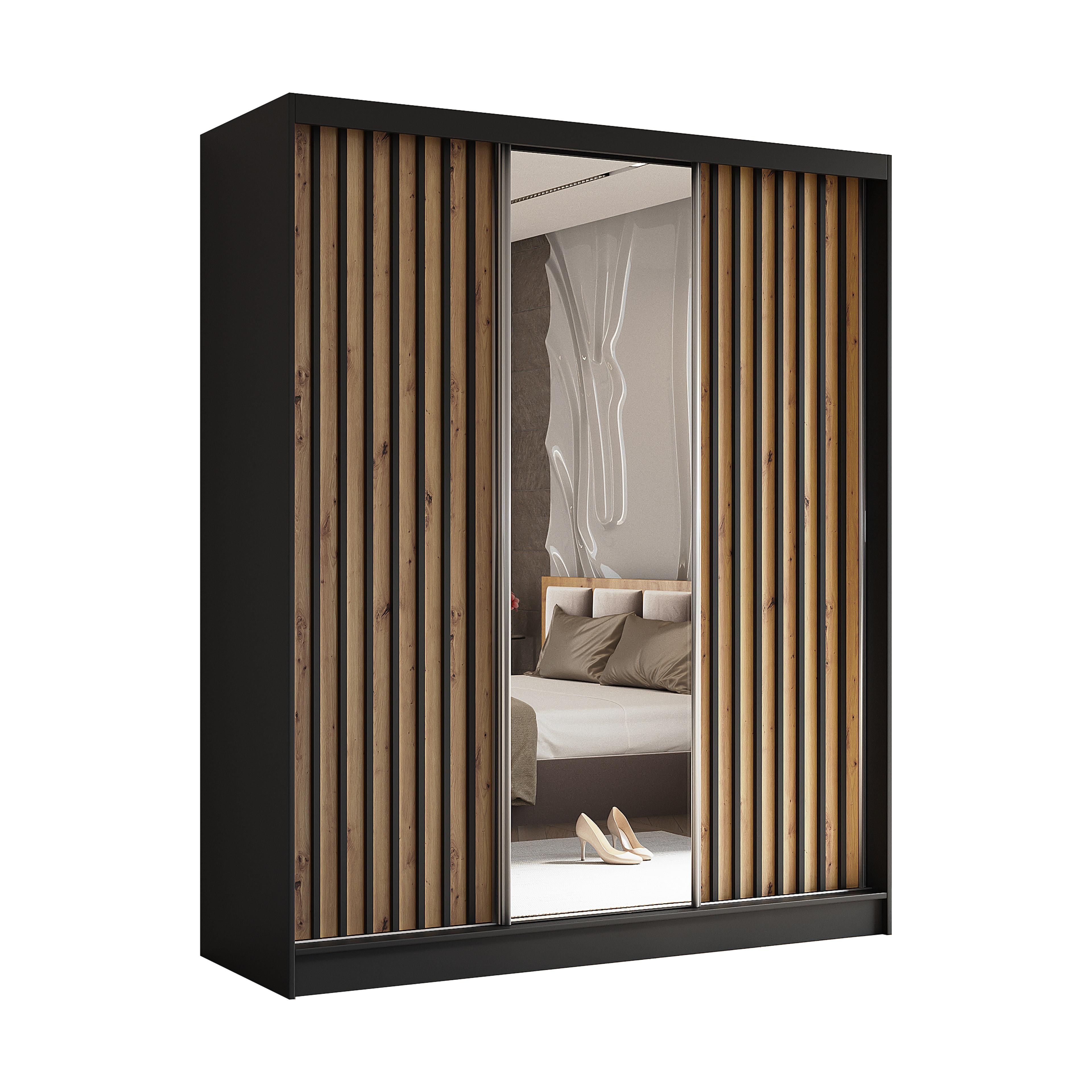 SCHWEBETÜRENSCHRANK LAMELLO 180/216/61 cm 3-türig mit Spiegel Schwarz - Schwarz/Eiche Artisan, Holzwerkstoff (180/216/61cm) - MASSENO
