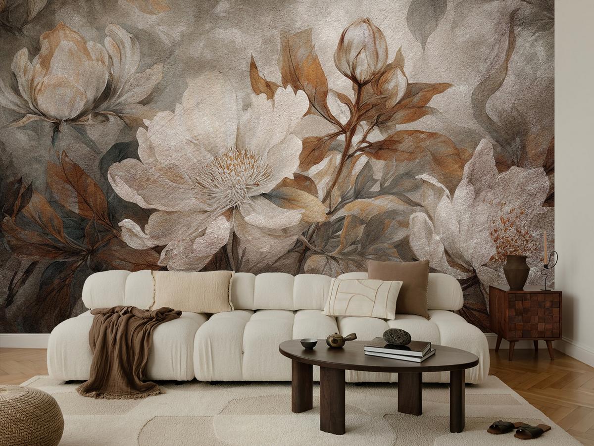 FOTOTAPETE für Wohnzimmer Blumen Blätter Pflanzen Natur Retro Stil 100x70 - Beige/Orange, Papier (100/70cm) - Muralo