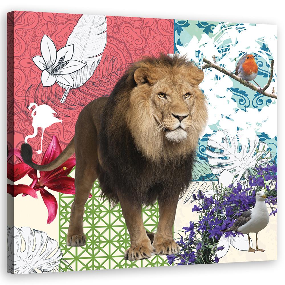 WANDBILD löwe und vögel collage - Multicolor, Textil (40/40cm) - Feeby