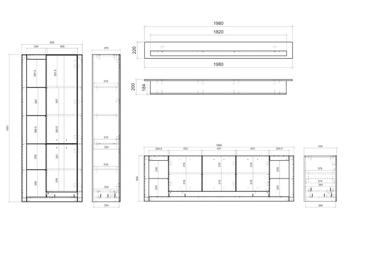 WOHNWAND weiß matt, Evoke Eiche, Wohnkombination Set 3-teilig 298 cm - Eichefarben/Silberfarben, Glas/Holzwerkstoff (298/195/43cm) - Furn.Design