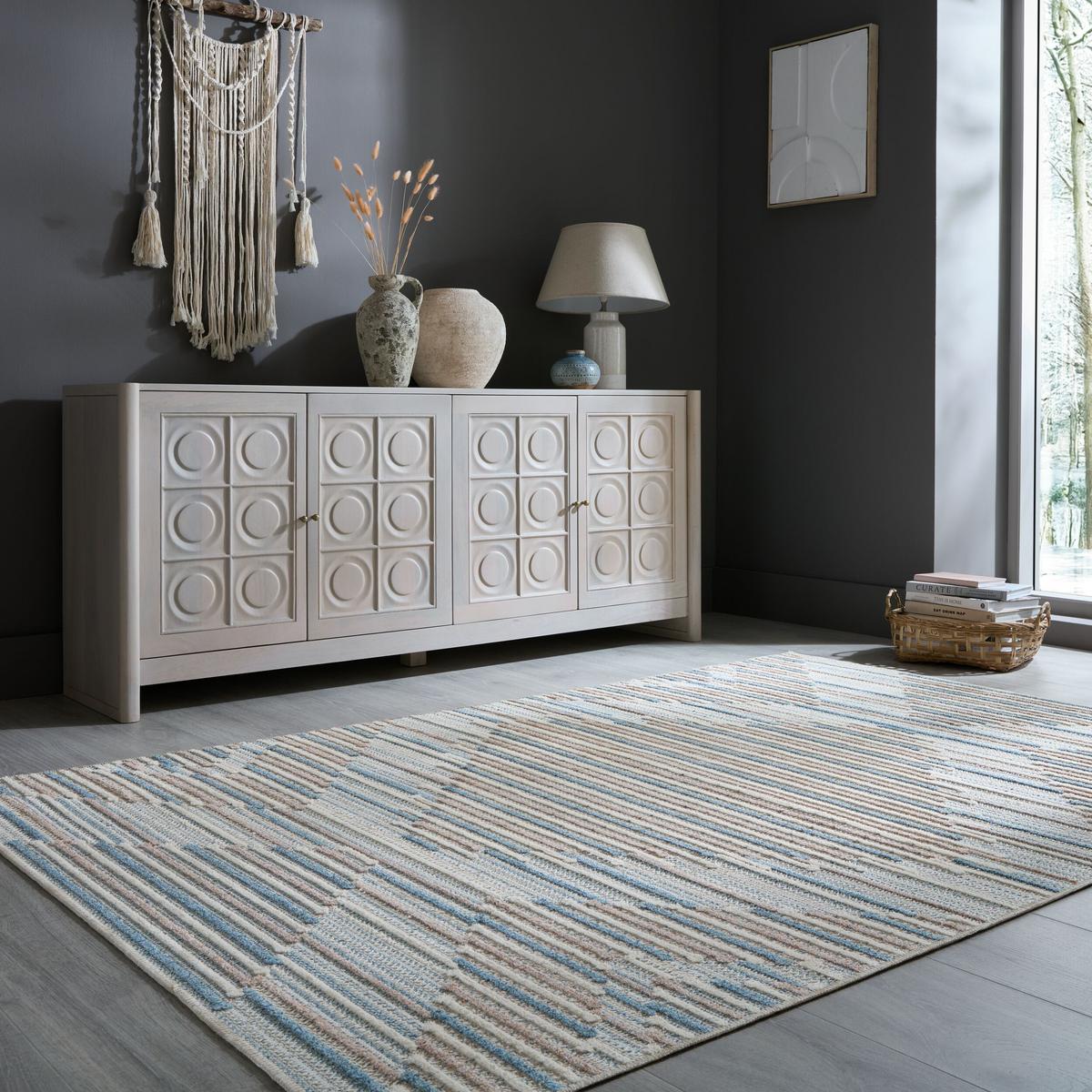 TEPPICH Waschbar RIDGE, geometrisch, Blau-Beige, 78 x 150 cm - Beige, Textil (150/78cm) - KADIMA DESIGN