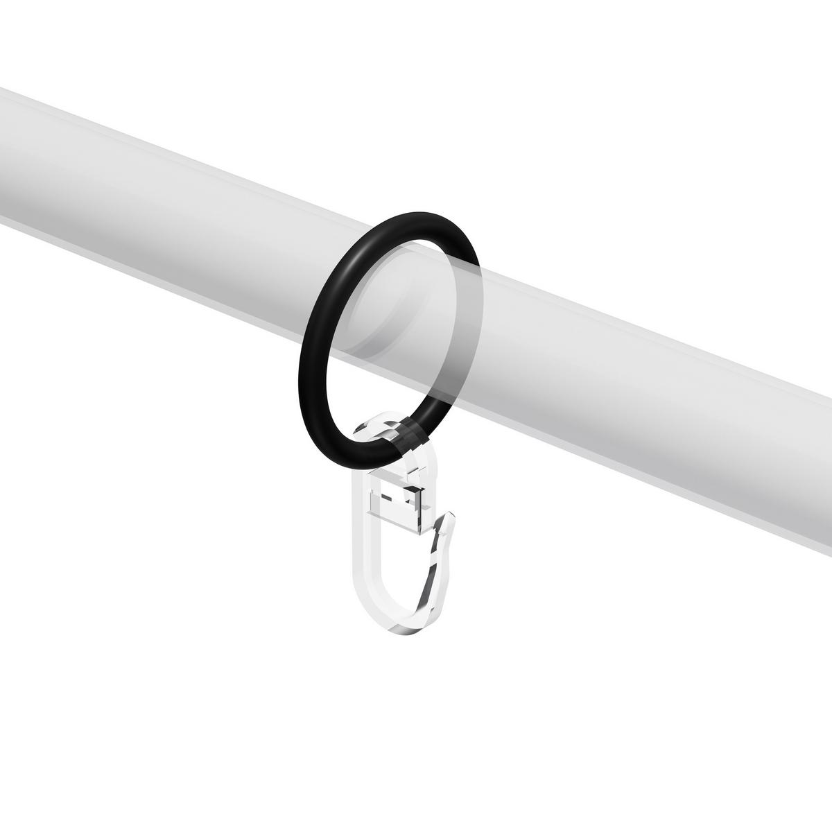 RUNDRINGE MIT FALTENHAKEN FÜR GARDINENSTANGEN 16 mm Ø, Schwarz, Packung 10 Stück - Schwarz, Metall (16cm) - INTERDECO