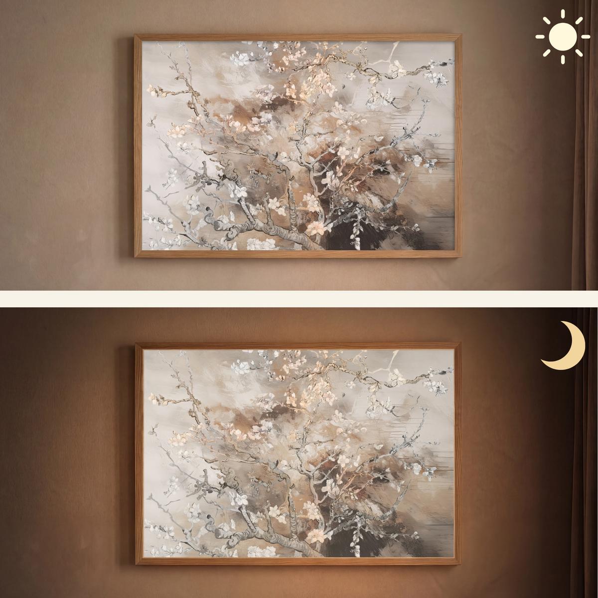 WANDLEUCHTE MIT AKKU Mandelblüte - Kunst - Van Gogh - Beige - Abstrakt 100x70 cm - Graubraun, Holzwerkstoff (100/70/8cm) - OnlyWow
