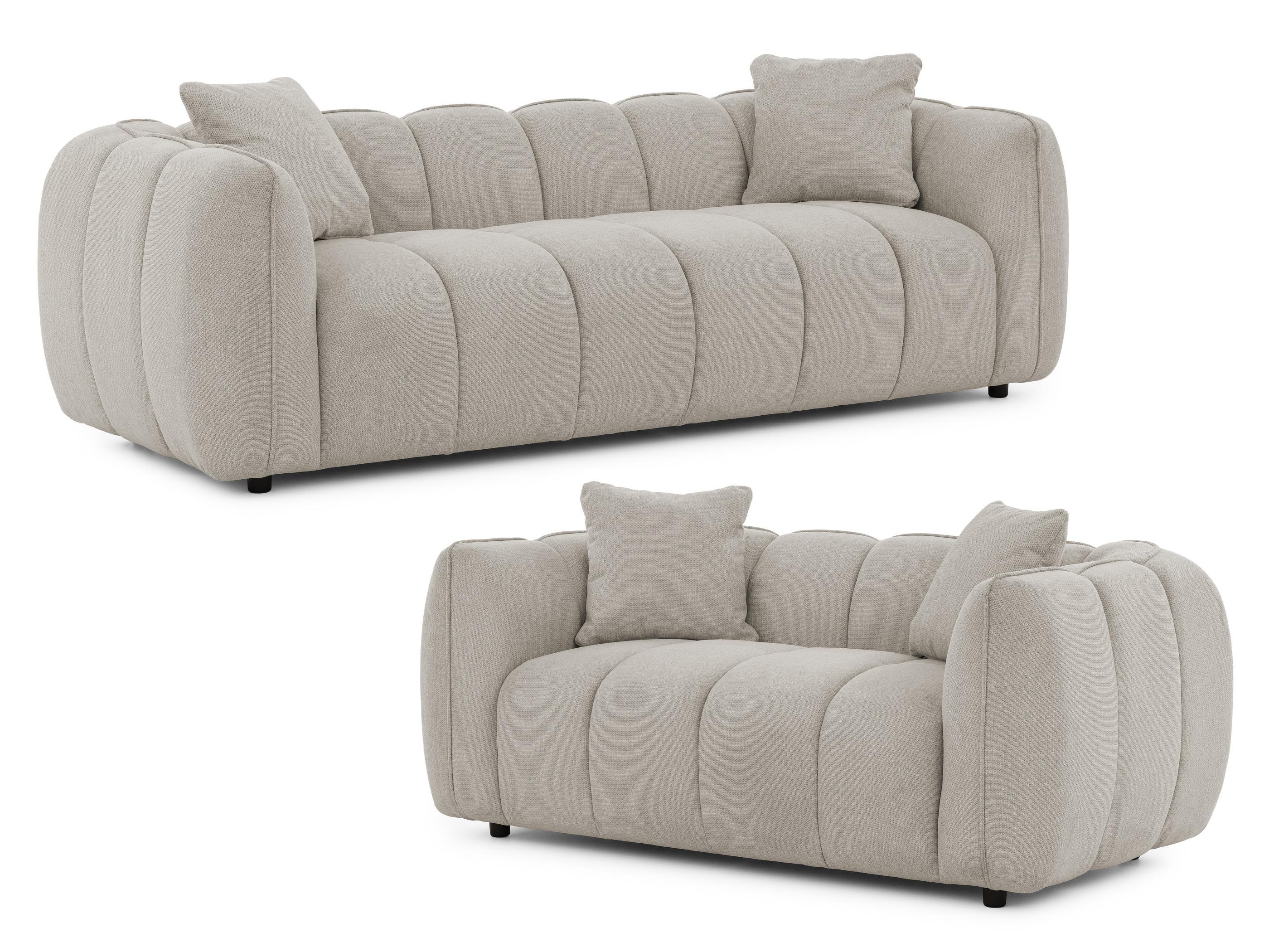 SITZGARNITUR 3+2 Nubira in tief gesteppter Bubble-Optik aus weichem Taupe Strukturstoff im modernen Design - Taupe/Schwarz, Holz/Kunststoff (228/69/89cm) - S-Style Möbel