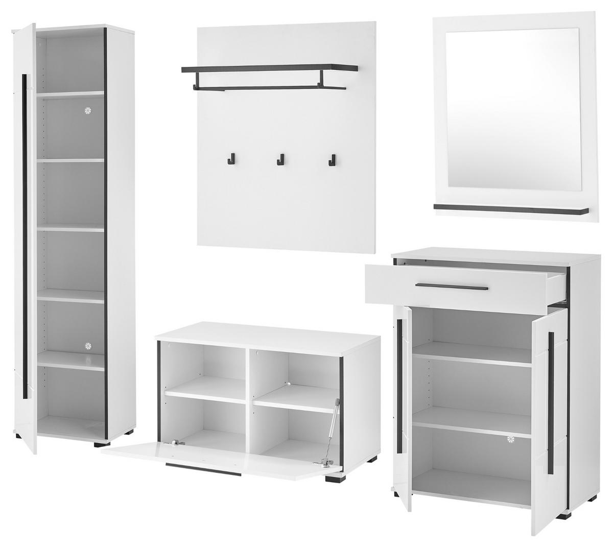 GARDEROBEN-SET weiß Hochglanz 6-teilig 230 cm, Flurgarderobe mit Soft-Close - Dunkelgrau/Weiß Hochglanz, Glas/Holzwerkstoff (230/200/40cm) - Furn.Design