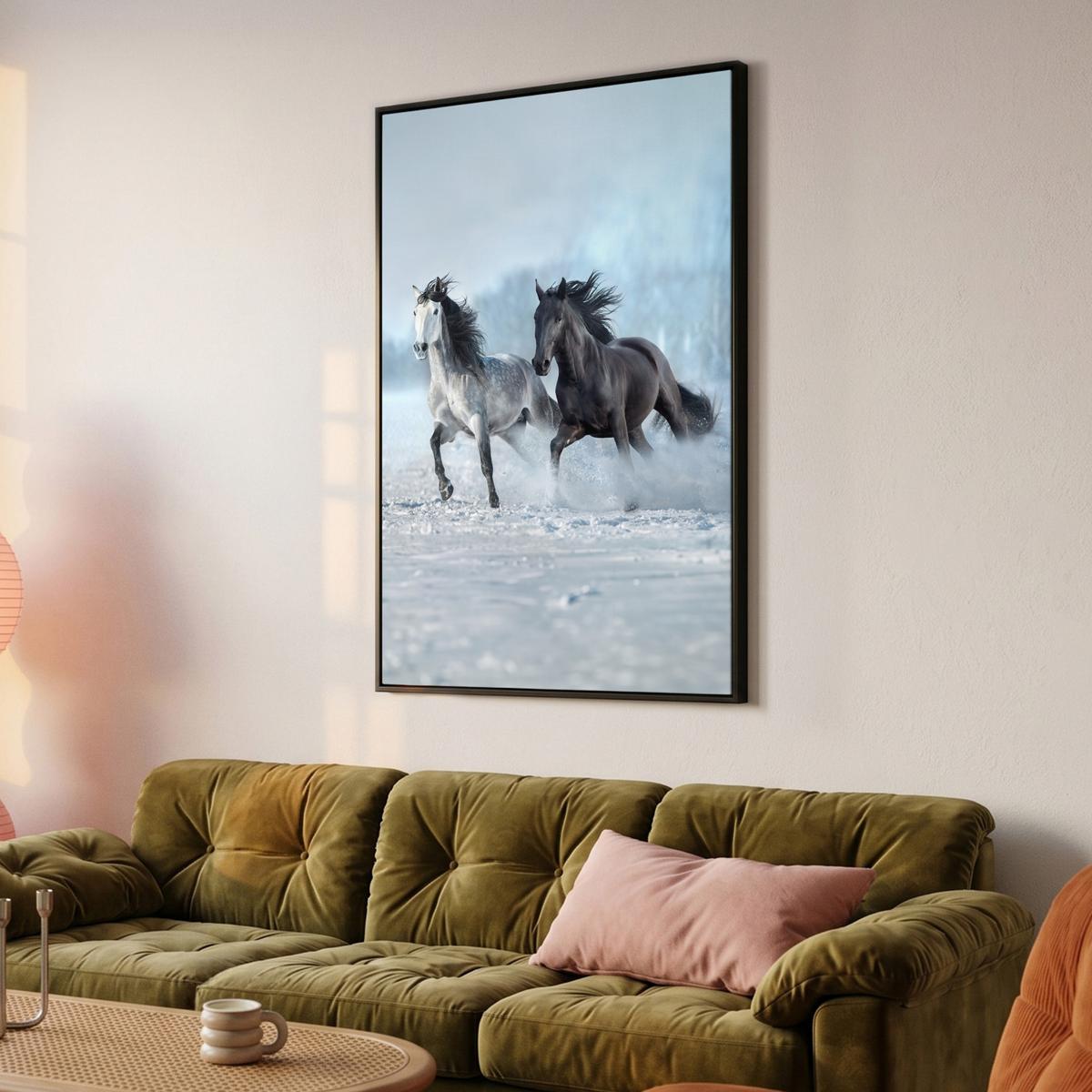 LEINWAND Bilder mit Rahmen - Pferde - Winter - Tiere - Natur - Schnee - 80x120 - Anthrazit, Textil (80/120cm) - MuchoWow