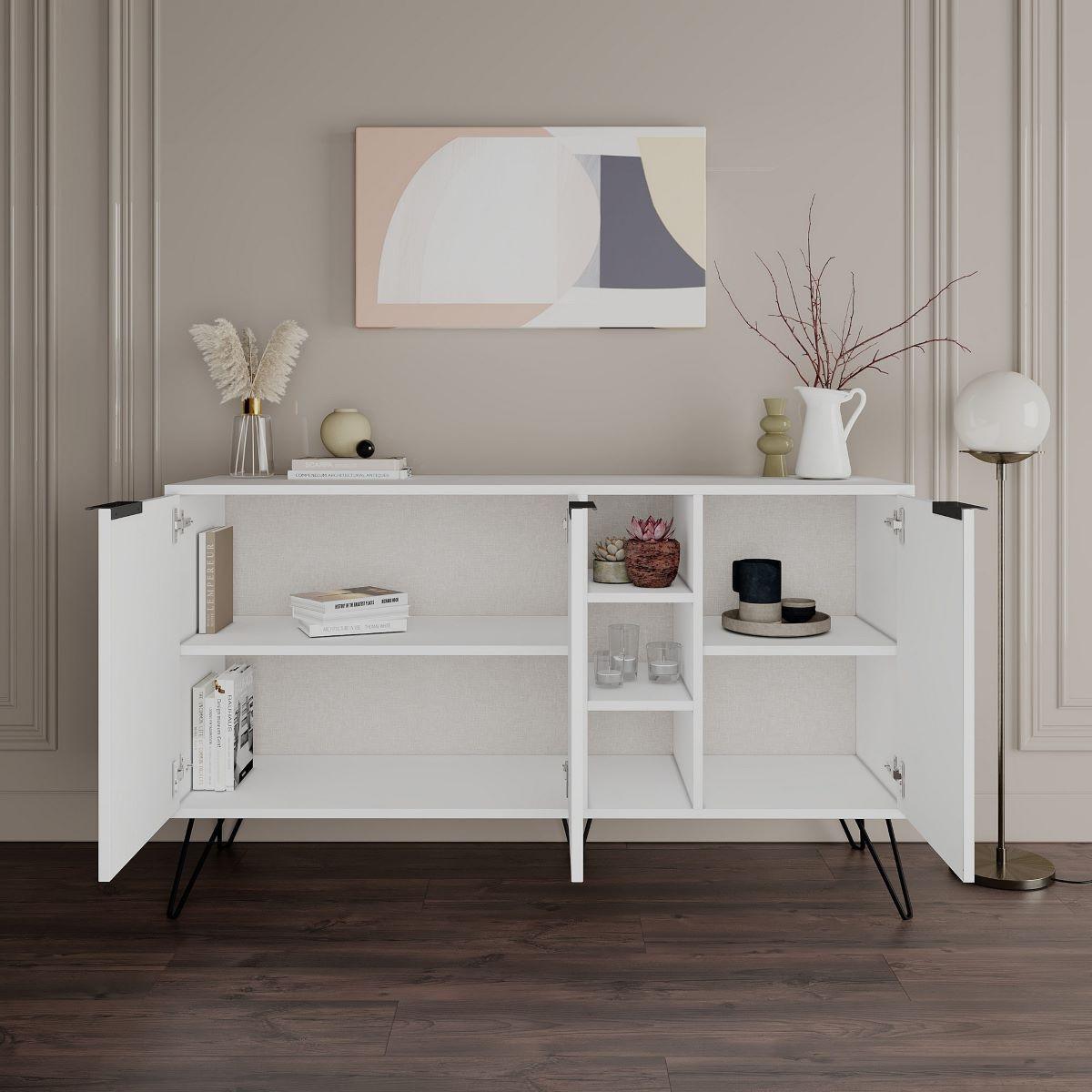 SIDEBOARD 3 Nischen und 3 Türen L142 cm - Clara - Weiß, Holzwerkstoff (35.6/83/15cm) - Calicosy