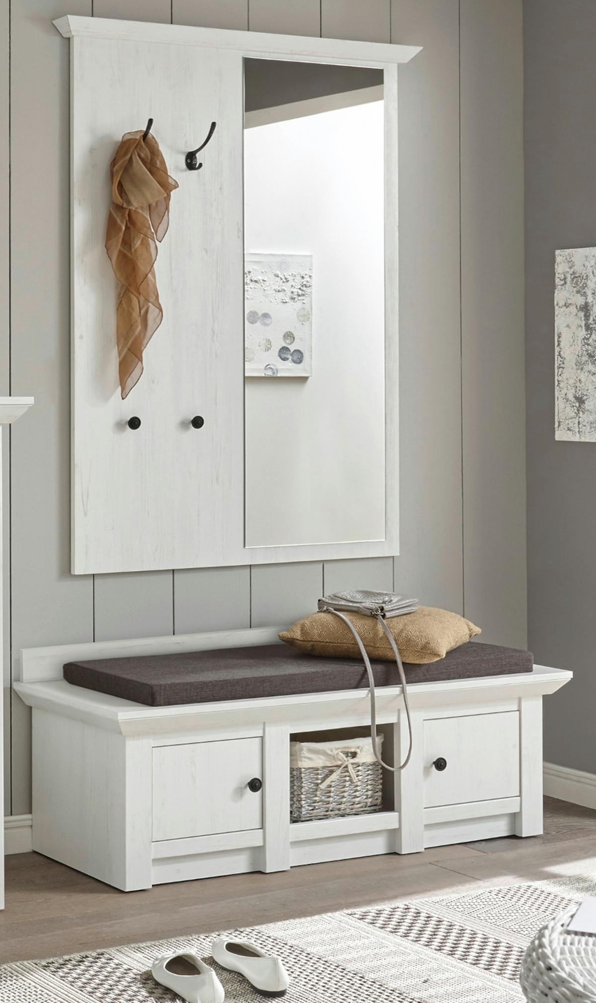 GARDEROBENBANK Pinie weiß 124 cm, Landhaus Schuhbank mit Stauraum - Schwarz/Weiß, Holzwerkstoff/Metall (124/42/45cm) - Furn.Design