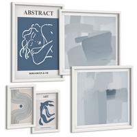 BILDER SET 5er Set - 50x50 cm & 20x30 cm & 40x60 cm Weißer Rahmen - Poster mit abstrakten Linien und Wellen - Weiß, Kunststoff (40/60cm) - TULUP