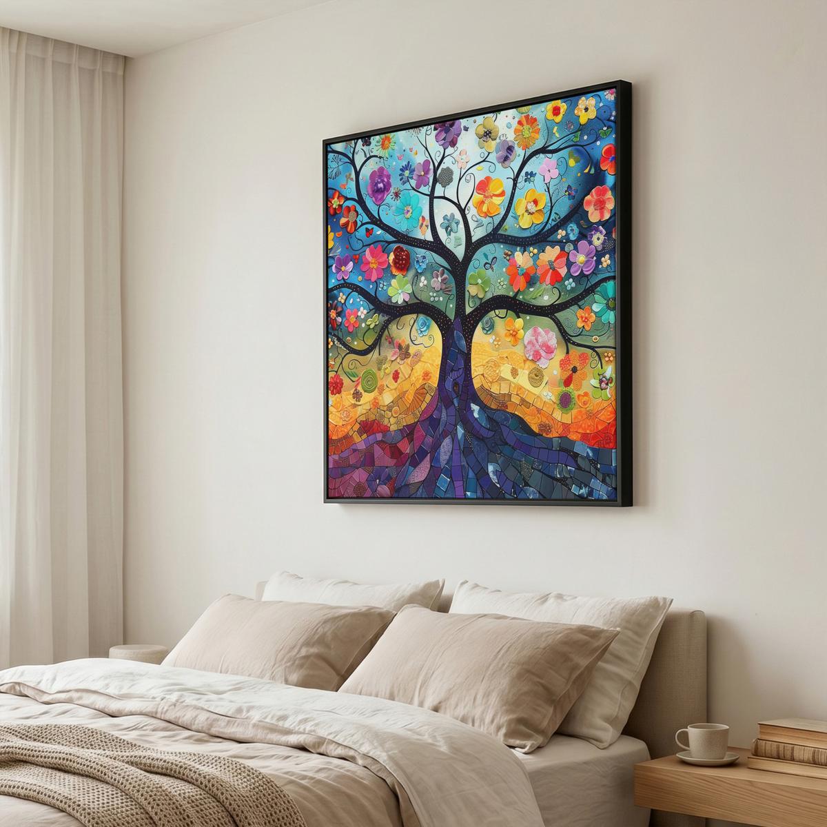 LEINWAND Bilder mit Rahmen - Kunst - Baum des Lebens - Blumen - Hippie - 90x90 - Dunkelblau, Textil (90/90cm) - MuchoWow