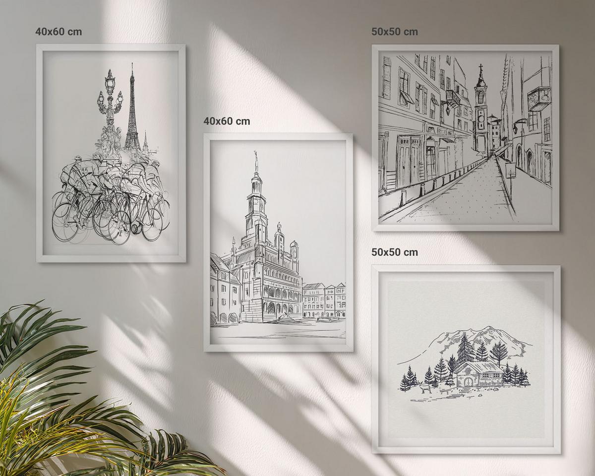 BILDER SET 4er Set - 50x50 cm & 40x60 cm Weißer Rahmen - Einfache Zeichnungen von Stadtansichten - Weiß, Kunststoff (50/50cm) - TULUP