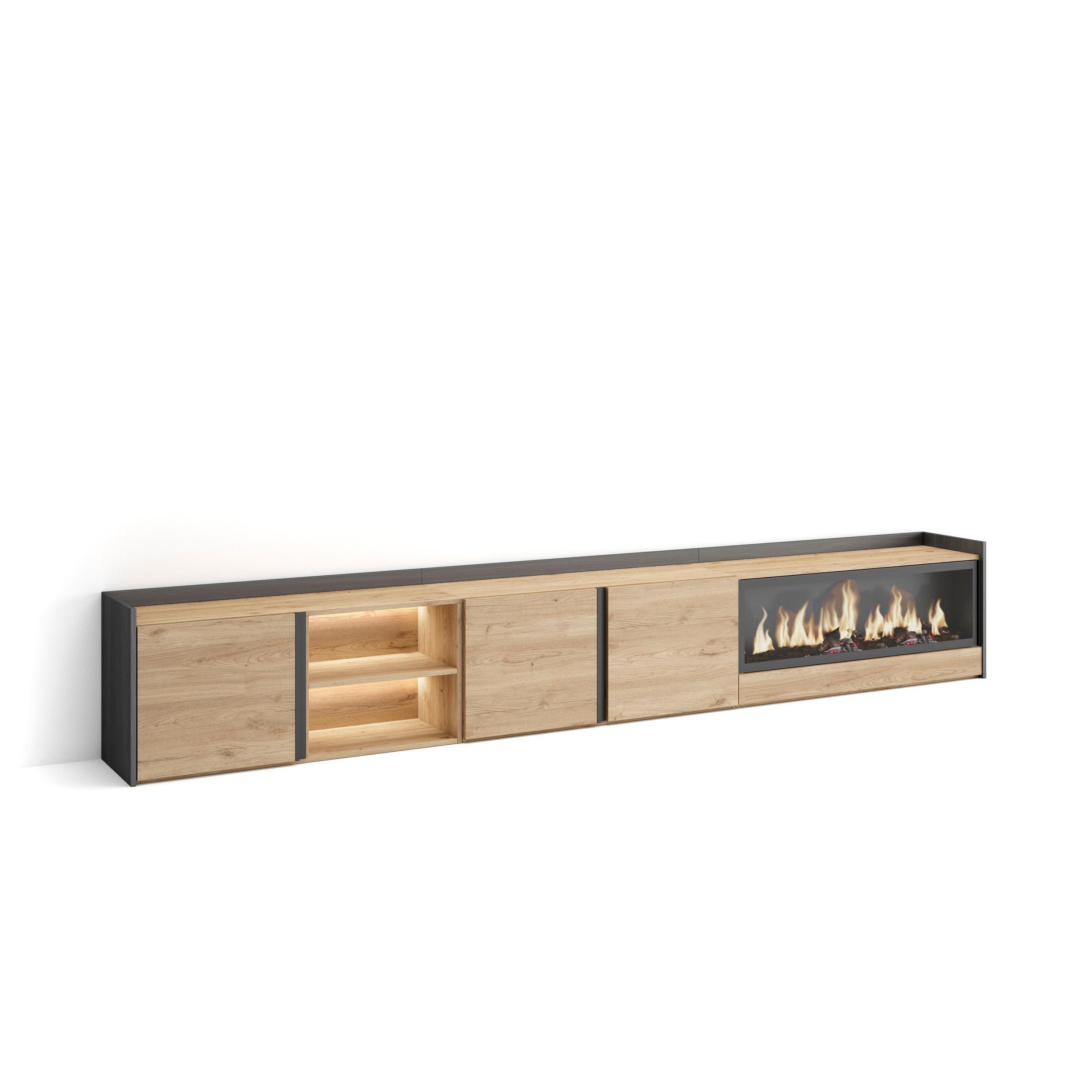 LOWBOARD, Eiche und Schwarz, 315/35/50cm, Kamin mit Feuereffekt XXL - Eichefarben, Holzwerkstoff (315/50/35cm) - Skraut Home