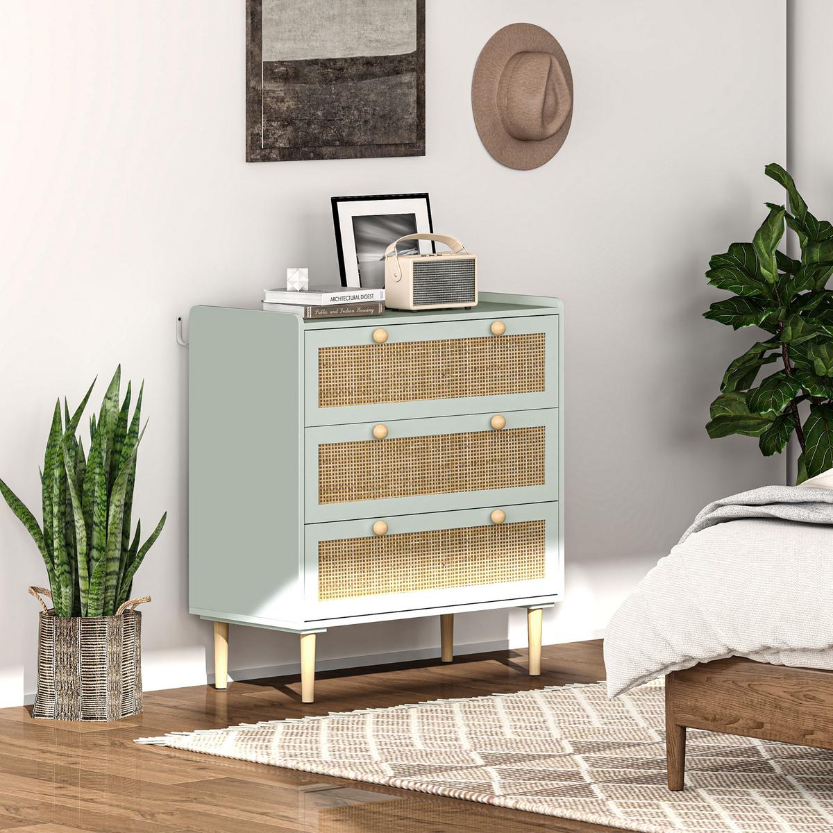 SCHLAFZIMMER-KOMMODE mit 3 Schubladen, Rattan-Fronten, MDF, Grün - Hellblau, Holzwerkstoff (40/87.5/80cm) - HOMCOM