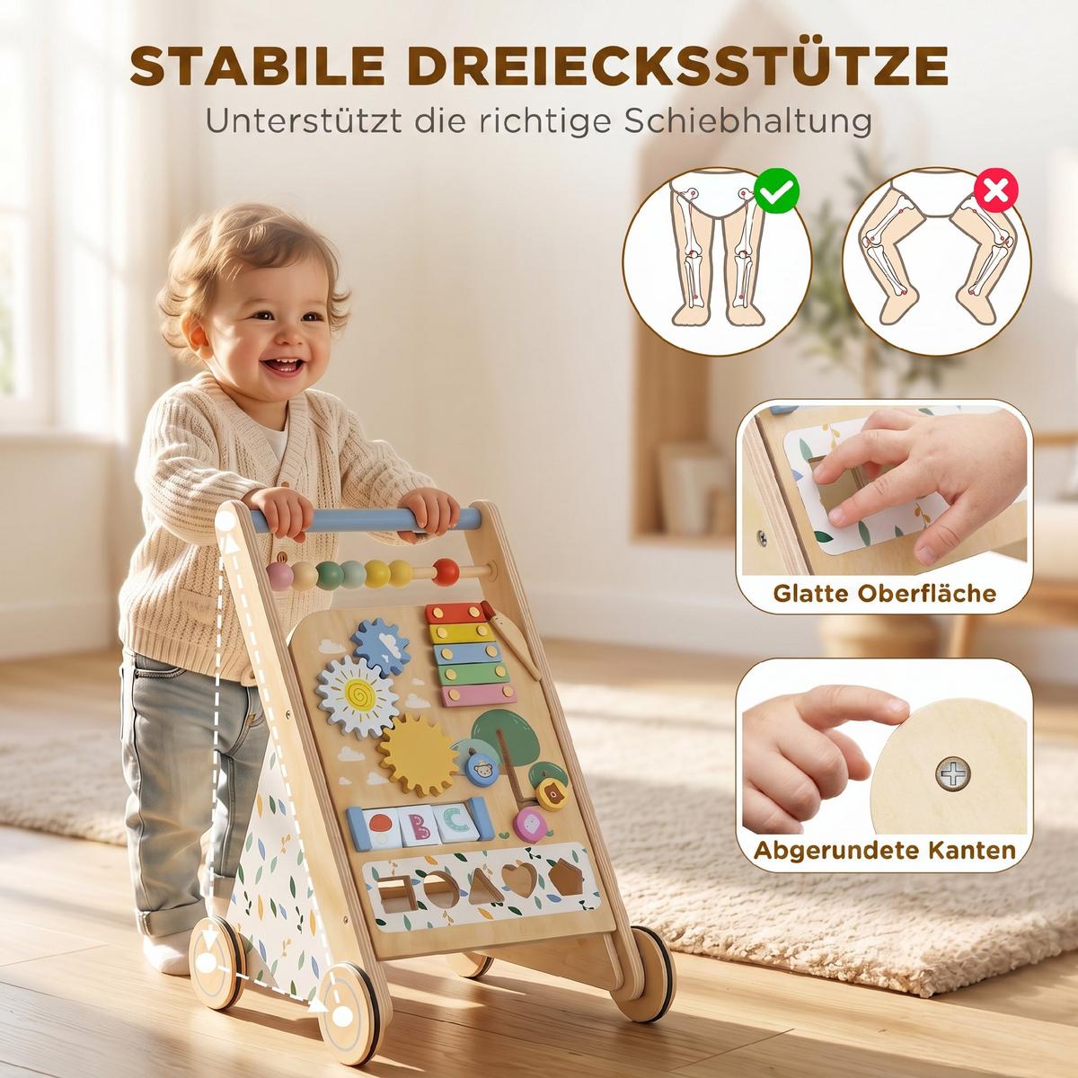 BABY-LAUFLERNWAGEN Mehrschichtplatte Kautschukholz Naturholz Weiß - Naturfarben, Holz (32.4/46/34.5cm) - AIYAPLAY