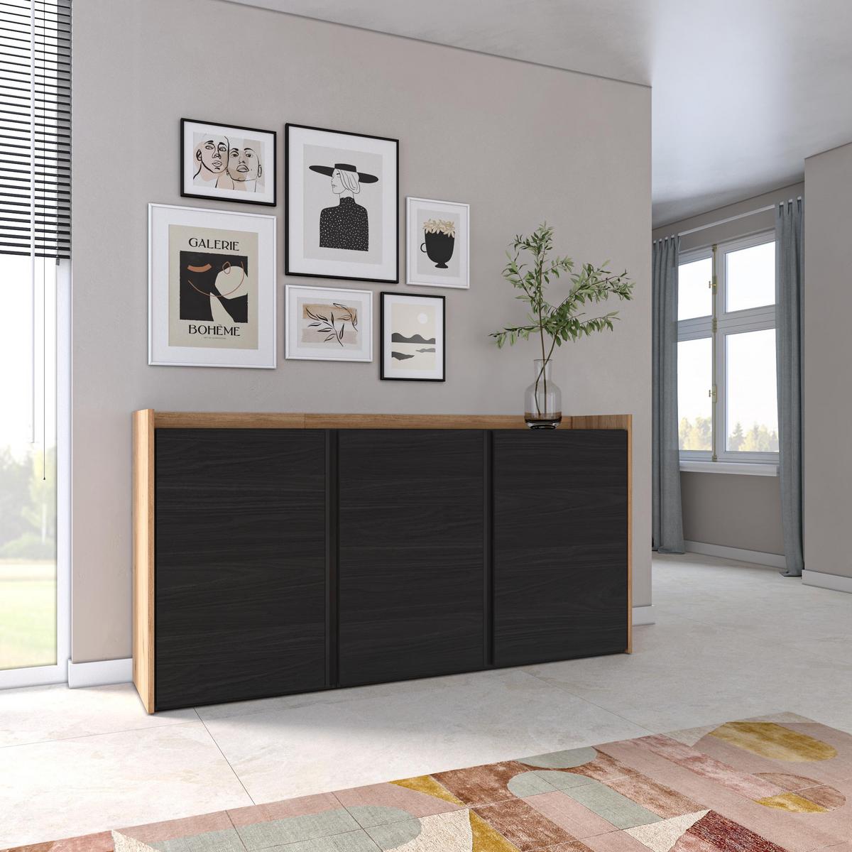 SIDEBOARD, 3 Türen, Schwarz und Eiche, 156/35/80cm - Schwarz, Holzwerkstoff (156/80/35cm) - Skraut Home