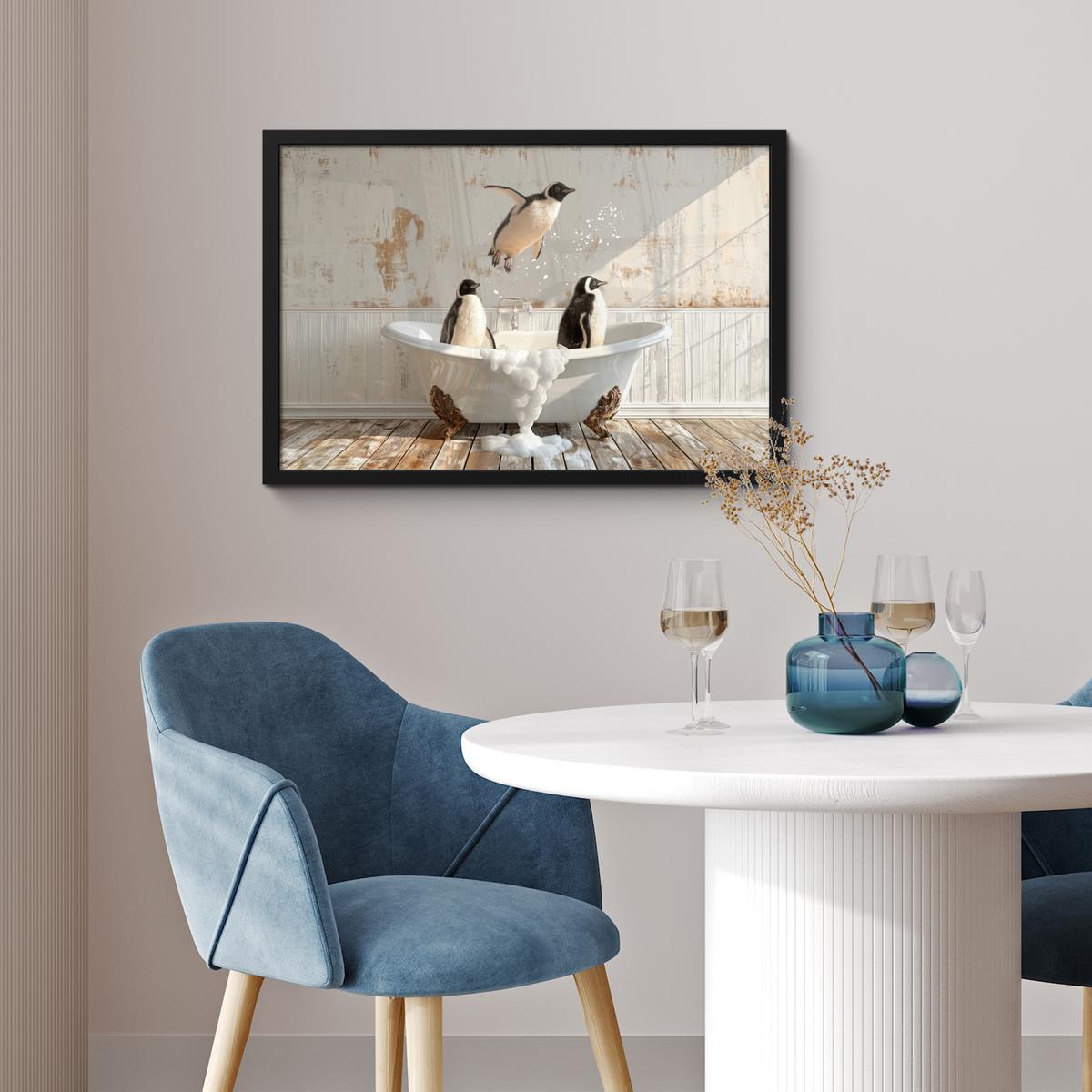 POSTER MIT RAHMENGERAHMTES BILD Vintage - Pinguin - Badewanne - Schaumstoff 60x40 cm - Schwarz, Papier (60/40cm) - MuchoWow