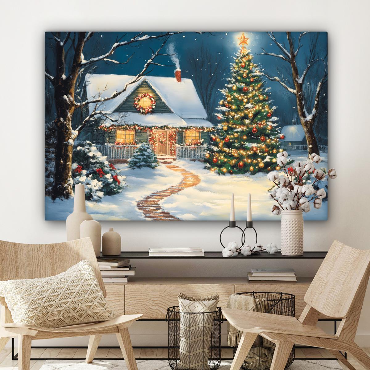 LEINWANDBILD Weihnachten - Weihnachtsbaum - Winter - Zuhause - Schnee Groß 140x90 cm - Smaragdgrün, Textil (140/90cm) - MuchoWow