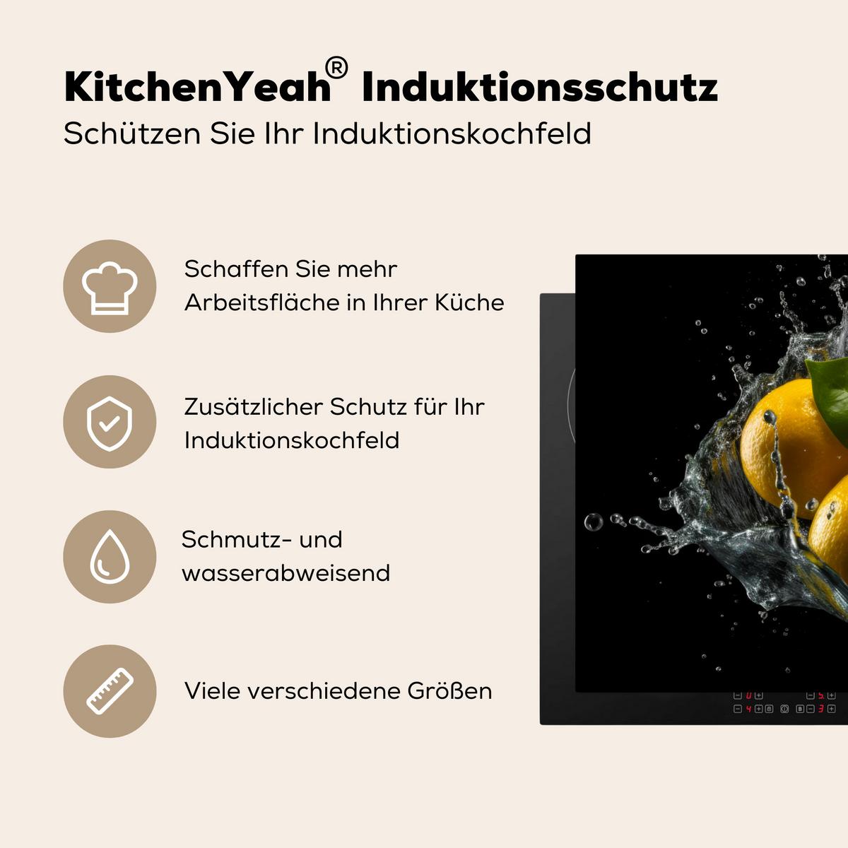 HERDABDECKPLATTE Zitrone - Obst - Gelb - Schwarz Ceranfeldabdeckung 90x52 cm - Gelb, Kunststoff (90/52/0.2cm) - MuchoWow