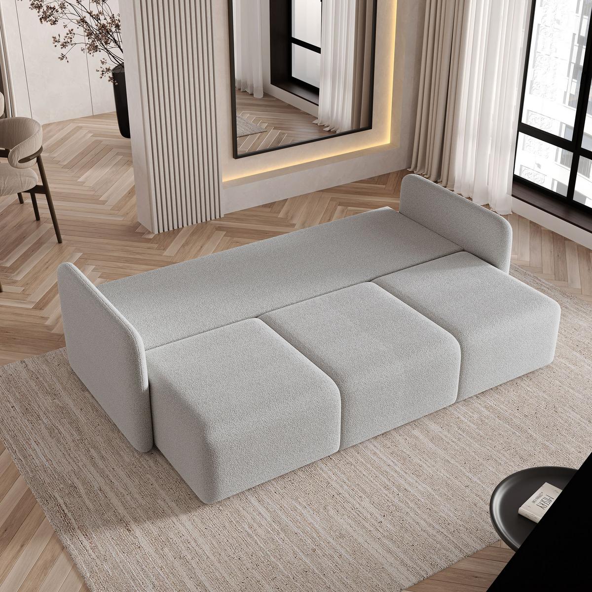BETTSOFA SUVI III Q Hellgrau Bucle-Stoff mit Schlaffunktion - Hellgrau, Textil (220/85/90cm) - MASSENO