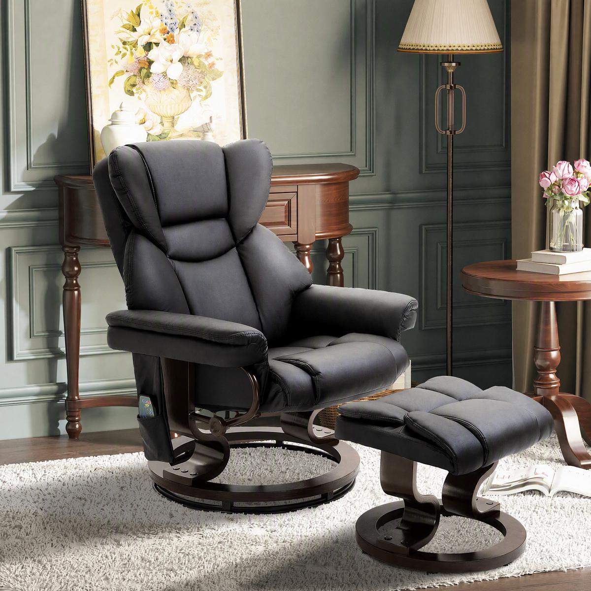 RELAXSESSEL Massagesessel mit Fußhocker Liegefunktion Schwarz 79 x 82 x 101 cm - Schwarz, Holz/Metall (82/101/79cm) - HOMCOM