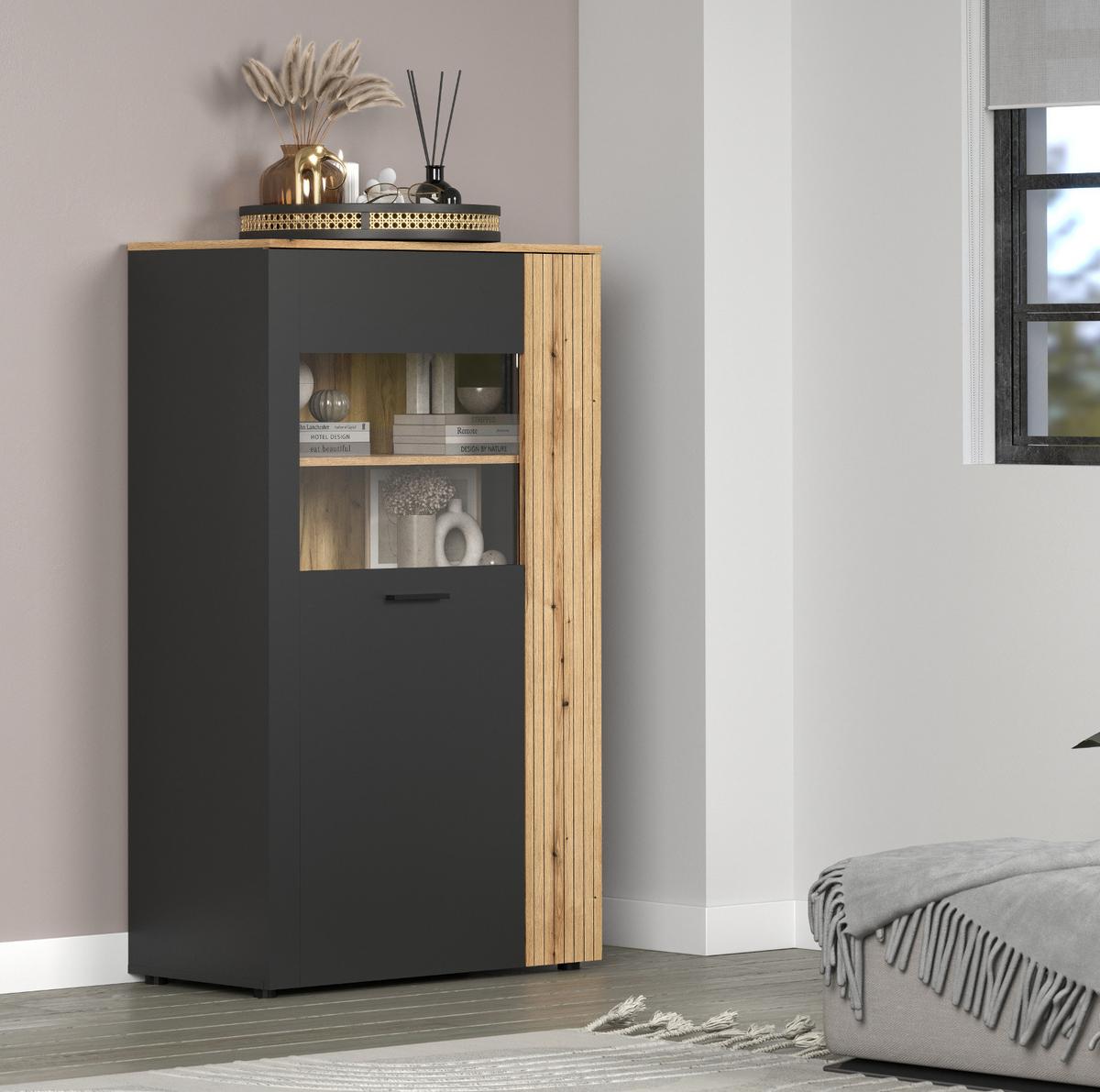 HIGHBOARD grau, Evoke Eiche 90 x 146 cm, Vitrine 2-türig - Eichefarben/Anthrazit, Holzwerkstoff/Kunststoff (90/146/42cm) - Top.Furn