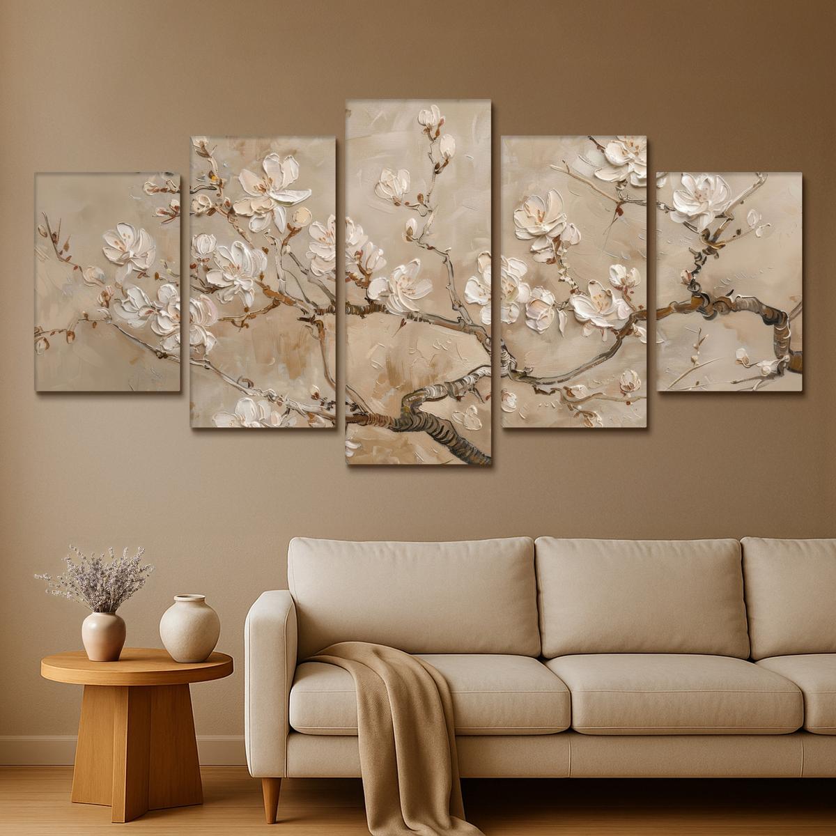 LEINWANDBILD 5er Set Beige - Blüte - Modern 200x100 cm - Beige, Textil (200/100cm) - MuchoWow