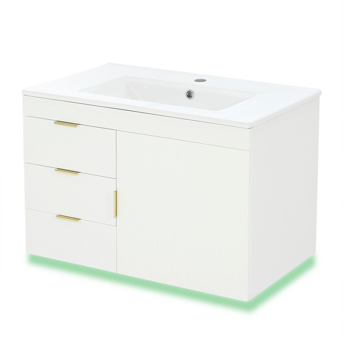 WASCHTISCH mit Unterschrank 76cm Weiß Holzoptik, LED-App & Soft-Close - Weiß, Holzwerkstoff (76/51/46cm) - Urban Meuble
