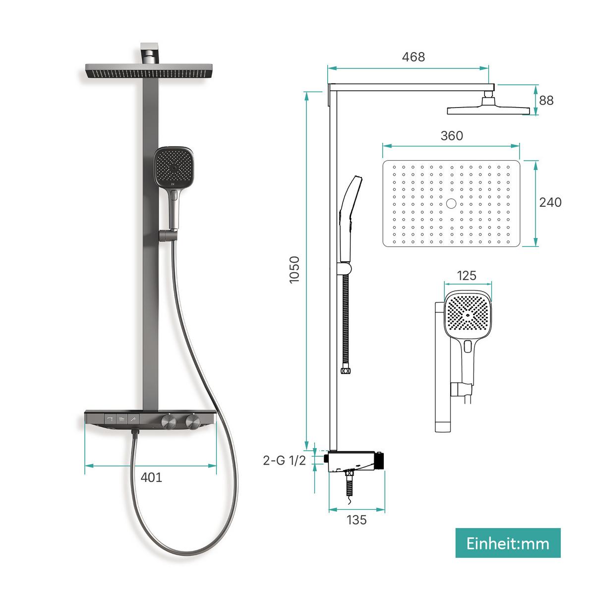 ÜBERKOPFBRAUSESET mit Thermostat Einstellbarer Durchfluss 4-Strahl 105/40,2/57,3 cm - Anthrazit, Metall (40.2/105/57.3cm) - EMKE