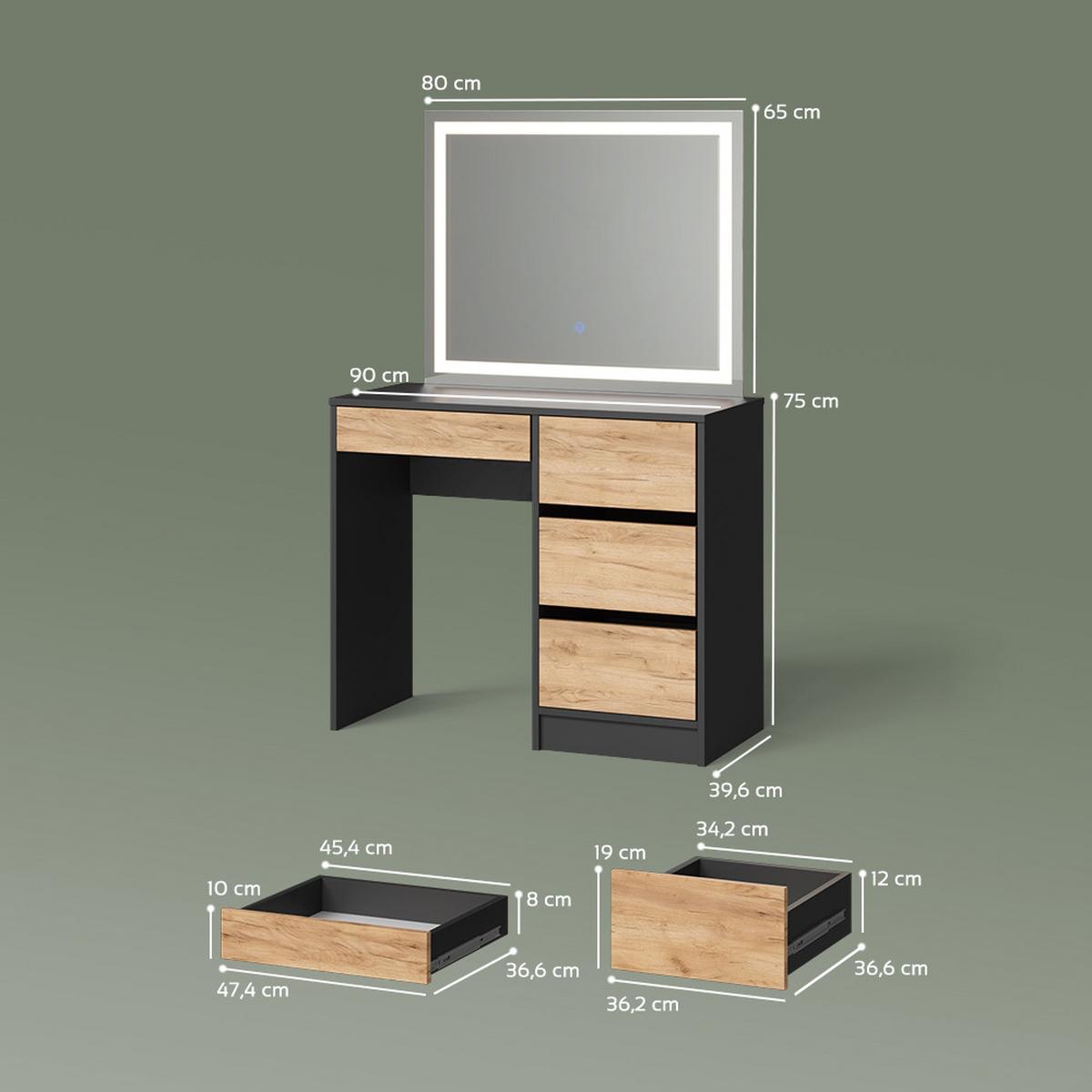 SCHMINKTISCH Imola Anthrazit/Goldkraft Eiche 90 cm mit LED Beleuchtung - Honigeiche/Anthrazit, Holzwerkstoff (90/75/55cm) - Livinity®