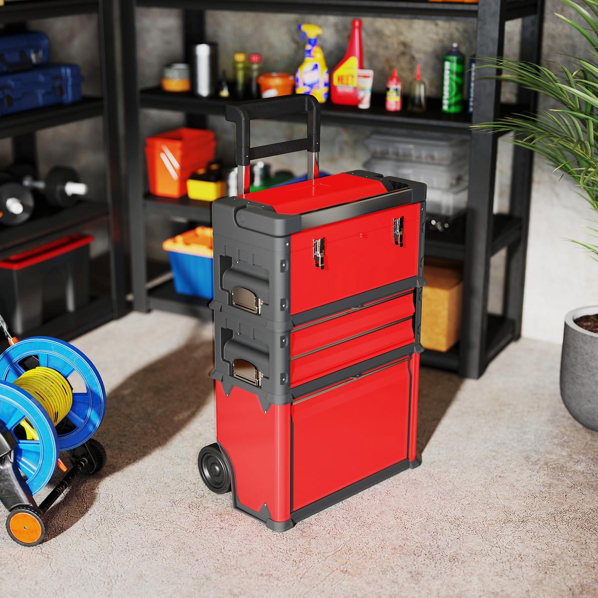 WERKSTATTWAGEN inkl. Koffer Werkzeugwagen leer mit 3 modularen Einheiten - Rot, Metall (32/72/52cm) - HOMCOM