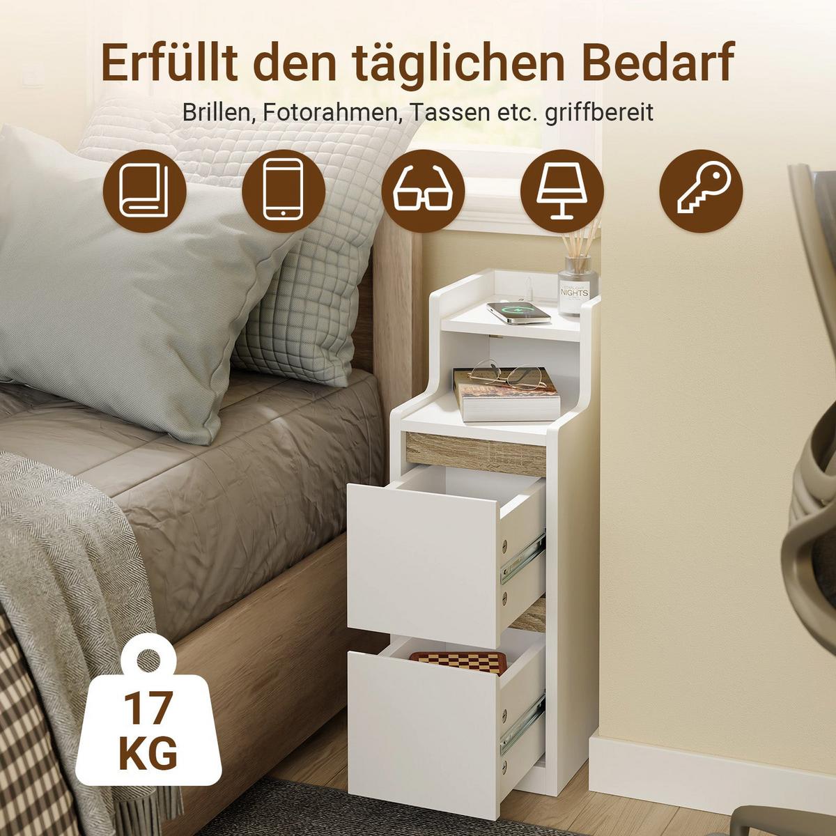 NACHTTISCH schmal mit Ladefunktion und LED-Touch-Lampe, 22x34x60.5cm - Weiß, Holzwerkstoff (22/60/34cm) - SoBuy