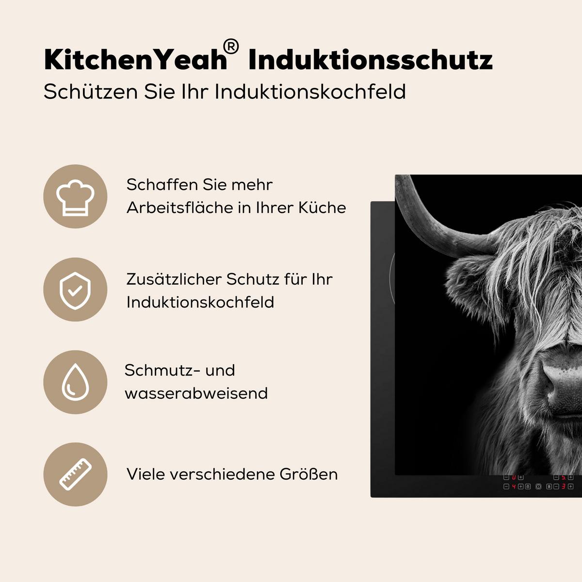HERDABDECKPLATTE Schottischer Highlander - Hörner - Schwarz - Weiß - Kuh - Wild - Tiere Abdeckung Ceranfeld 58.3x51.3 cm - Schwarz, Kunststoff (58.3/51.3/0.2cm) - MuchoWow