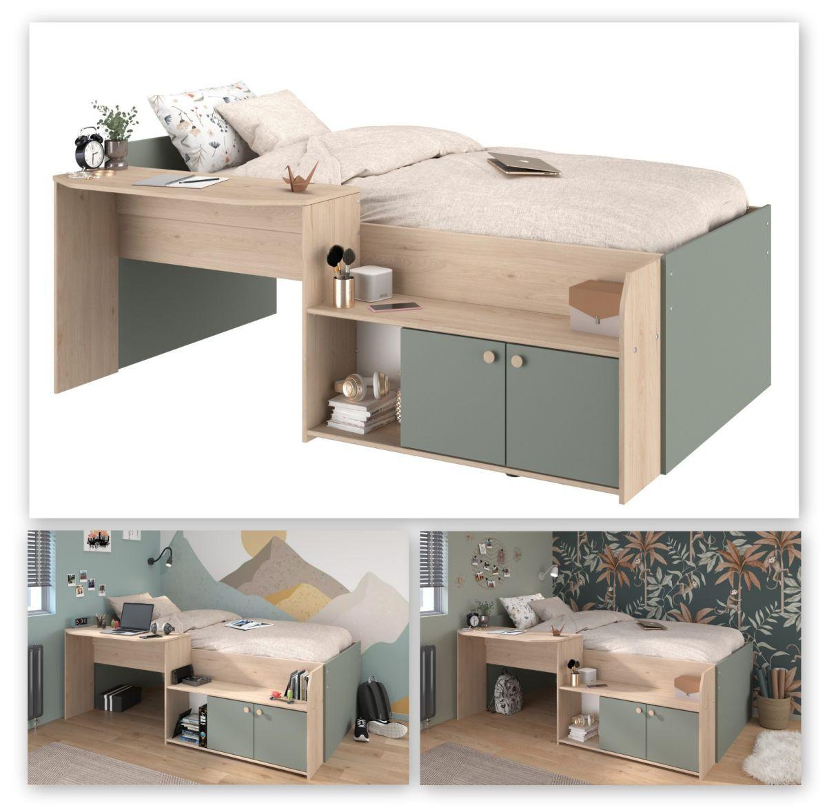 HOCHBETT Eiche, Salbei Grün, Stauraum-Bett für Kinder- und Jugendzimmer, 90 x 200 - Salbeigrün/Eichefarben, Holzwerkstoff (90/200cm) - Parisot Meuble