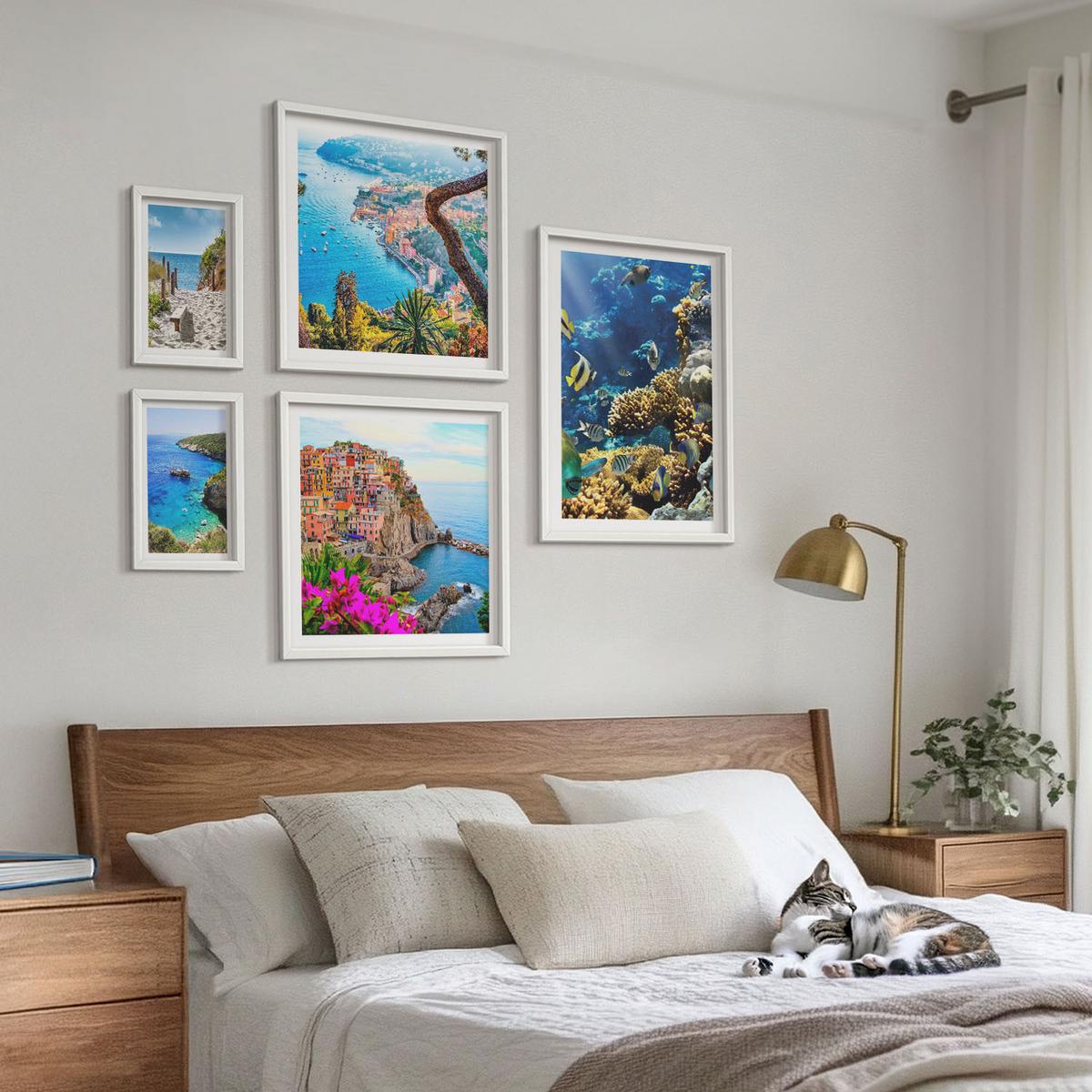BILDER SET 5er Set - 50x50 cm & 20x30 cm & 40x60 cm Weißer Rahmen - Berglandschaften im Hintergrund - Weiß, Kunststoff (40/60cm) - TULUP
