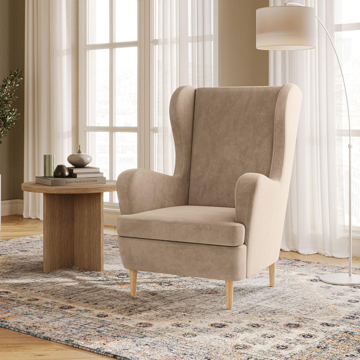 SESSEL VOGERA Ohrensessel Polstersessel, Beige - Eichefarben/Beige, Holzwerkstoff (78/103/85cm) - MASSENO