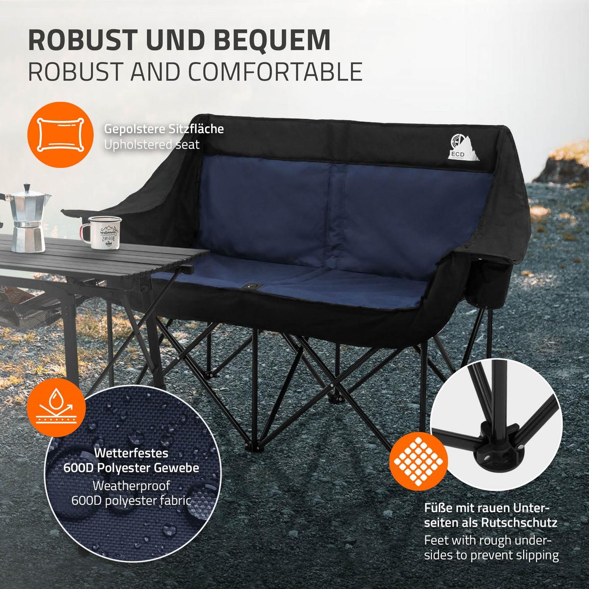 CAMPINGSTUHL 2-Sitzer Blau faltbar mit Stahlgestell 54,5x145,92 cm - Blau, Textil (145/92/54.5cm) - ECD-Germany