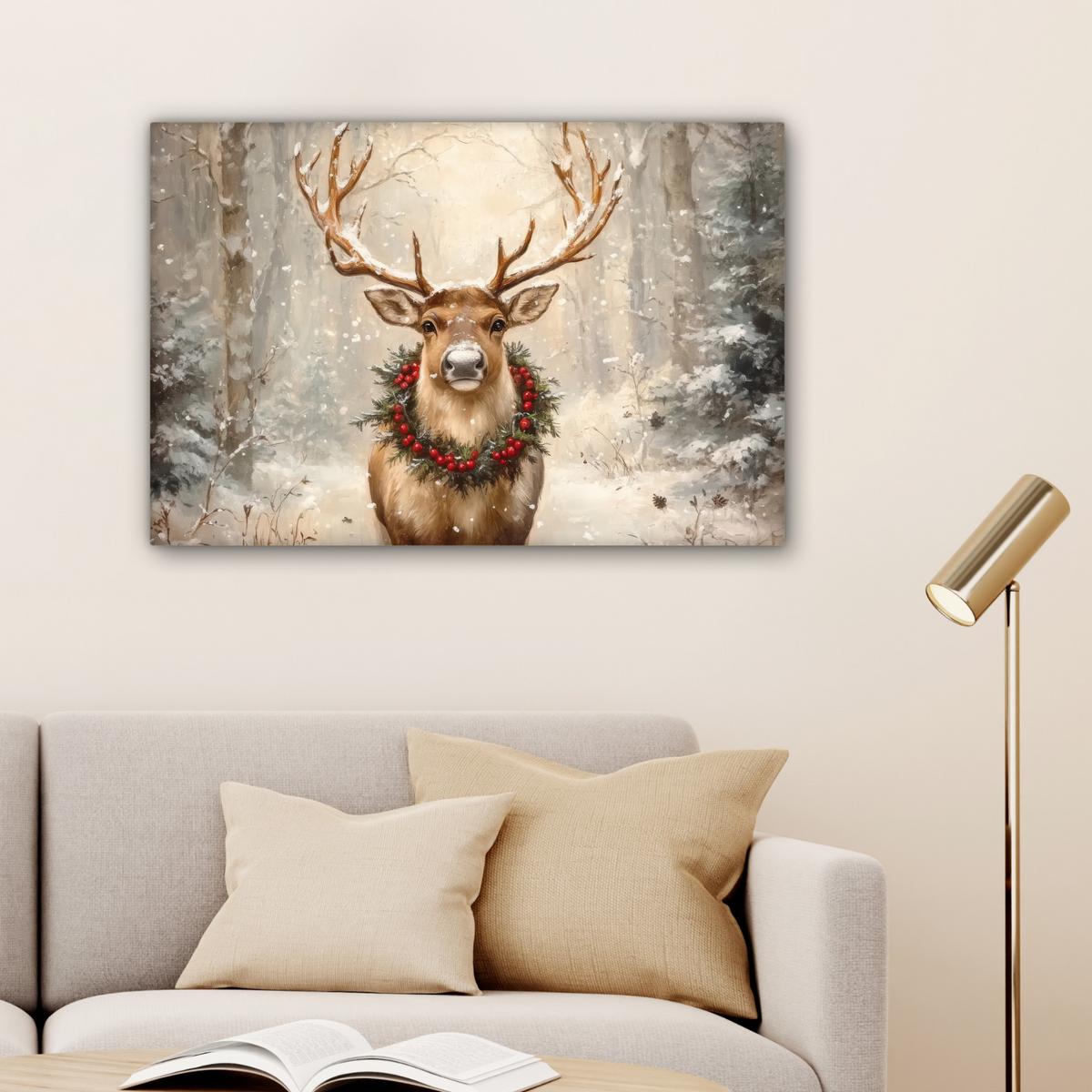 LEINWANDBILD Weihnachten - Rentier - Winter - Kranz Wanddeko 90x60 cm - Naturfarben, Textil (90/60cm) - MuchoWow