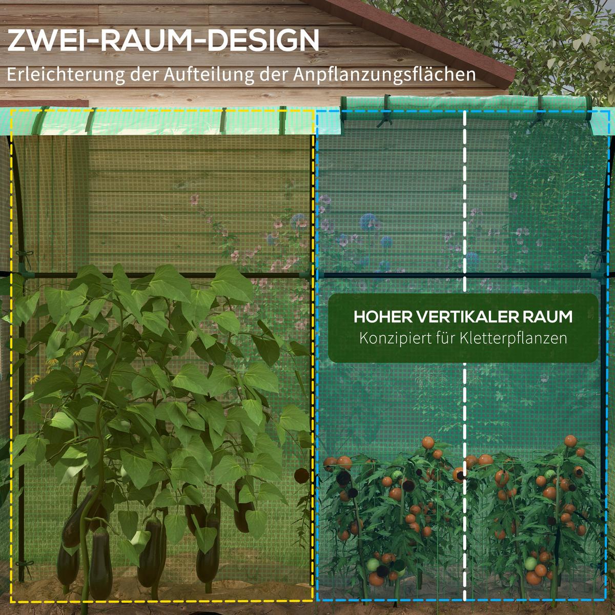 FOLIENGEWÄCHSHAUS, mit 2 Rolltüren mit Seitenfenster, UV-Schutz, für Garten, PE, Grün - Grün, Kunststoff/Metall (94/150/185cm) - Outsunny