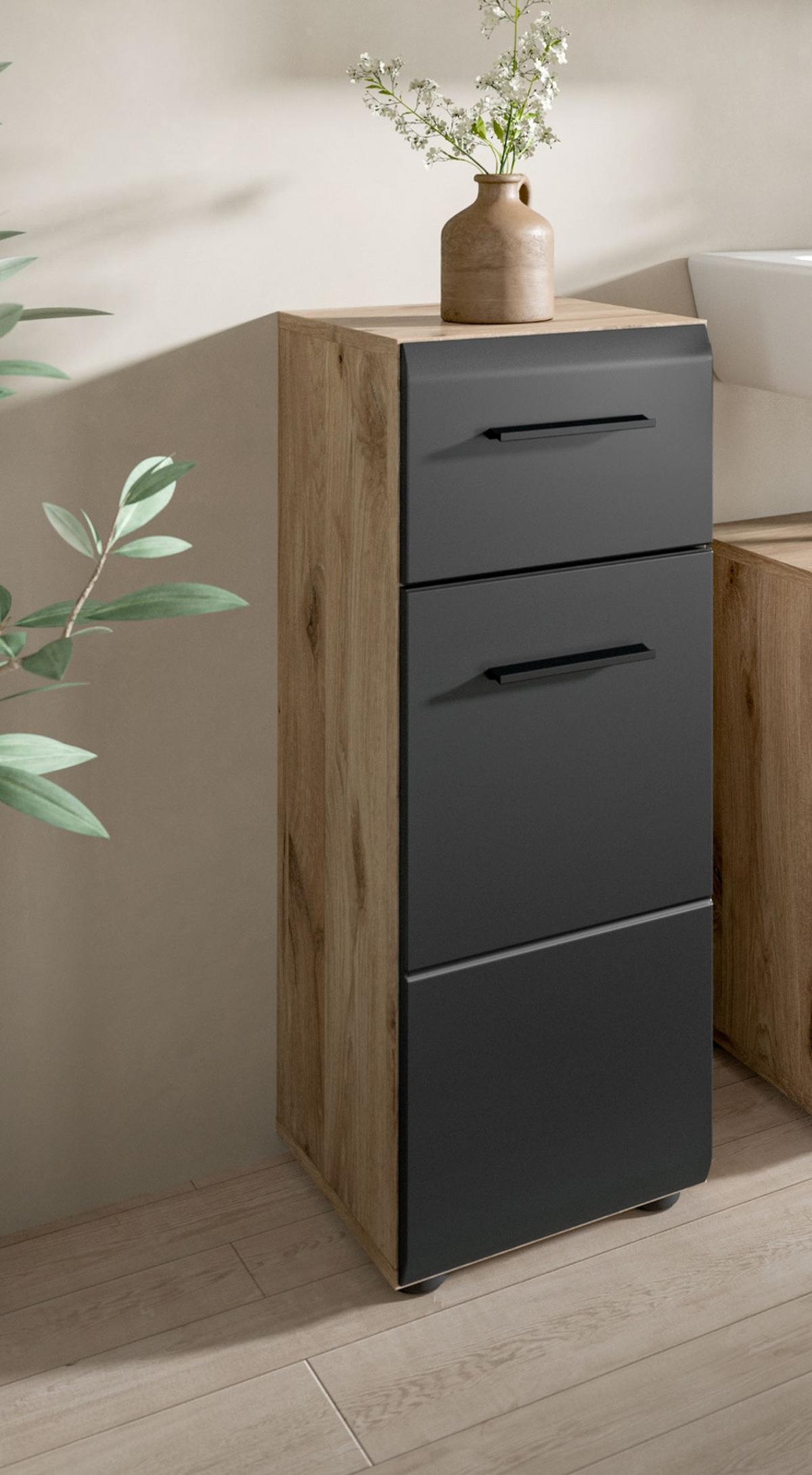 MIDISCHRANK schwarz matt, Eiche Nox, Bad Kommode 30 x 80 cm mit Vollauszug - Eichefarben/Schwarz, Holzwerkstoff/Kunststoff (30/80/30cm) - Inn.Furn