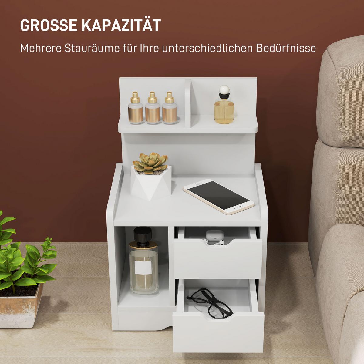NACHTTISCH mit 2 Schubladen, Beistelltisch, Nachtschrank mit offenen Ablage Weiß - Weiß, Holzwerkstoff (30/60/40cm) - HOMCOM