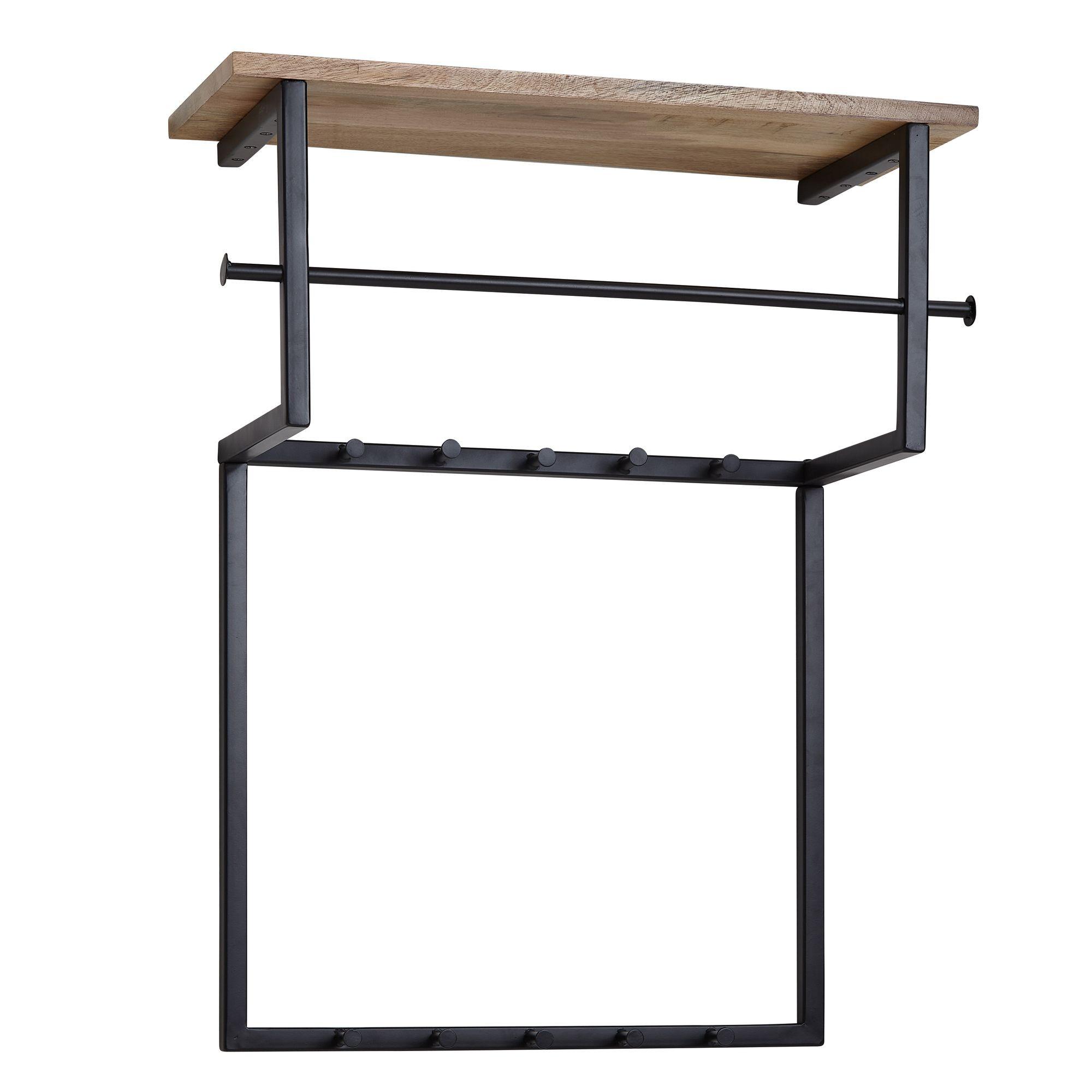 WANDGARDEROBE Mango Massivholz Metall Modern 60x76x26 cm mit Hakenleiste, Ablage und Kleiderstange - Schwarz, Holz (60/76/26cm) - KADIMA DESIGN