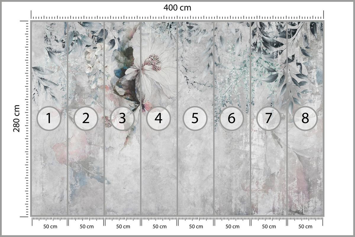 FOTOTAPETE für Schlafzimmer Zarte Blätter Beton Blumen Natur 400x280 - Schwarz/Rosa, Papier (400/280cm) - Muralo