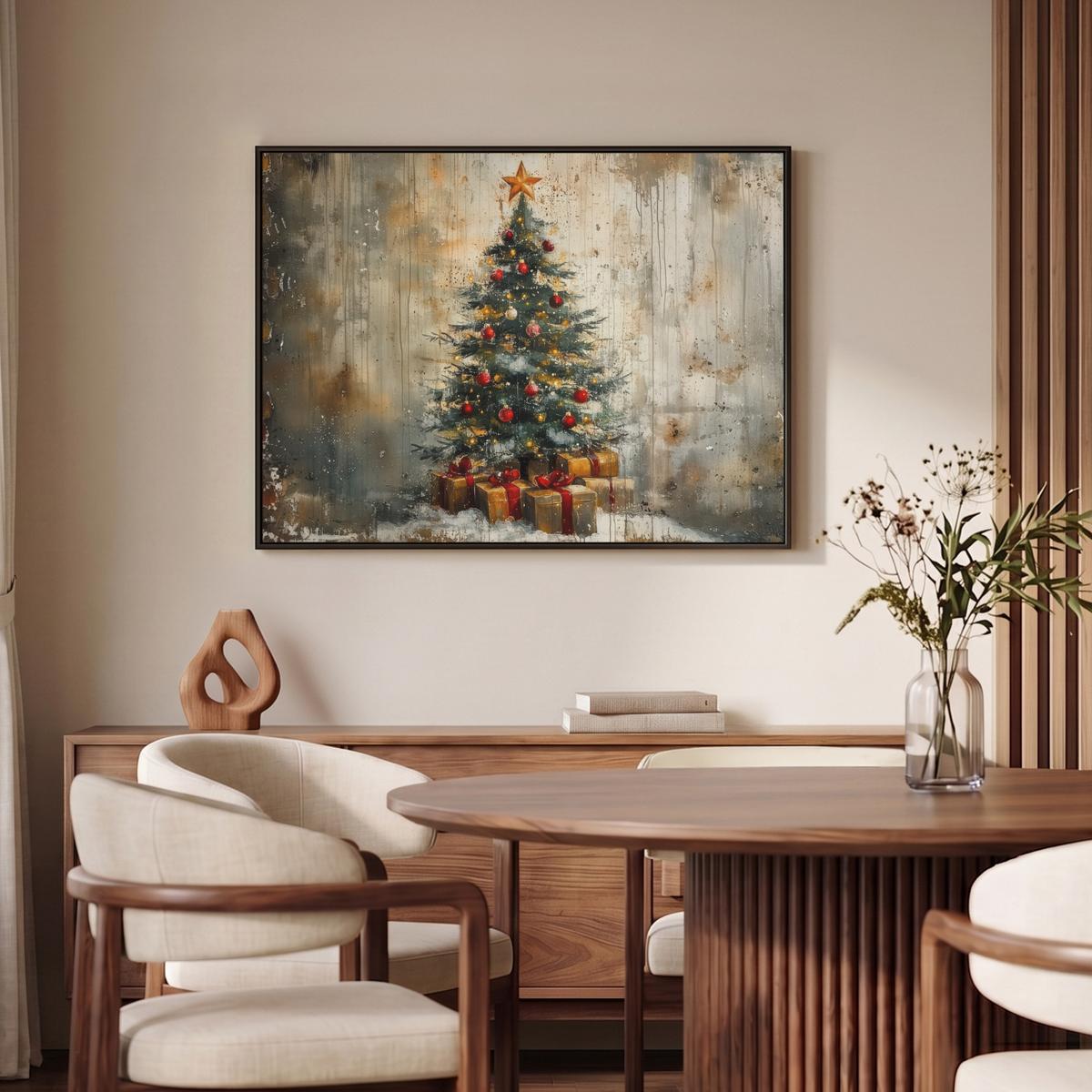 LEINWAND Bilder mit Rahmen - Weihnachtsbaum - Vintage - Weihnachten - Geschenk - 100x70 - Rostfarben, Textil (100/70cm) - MuchoWow