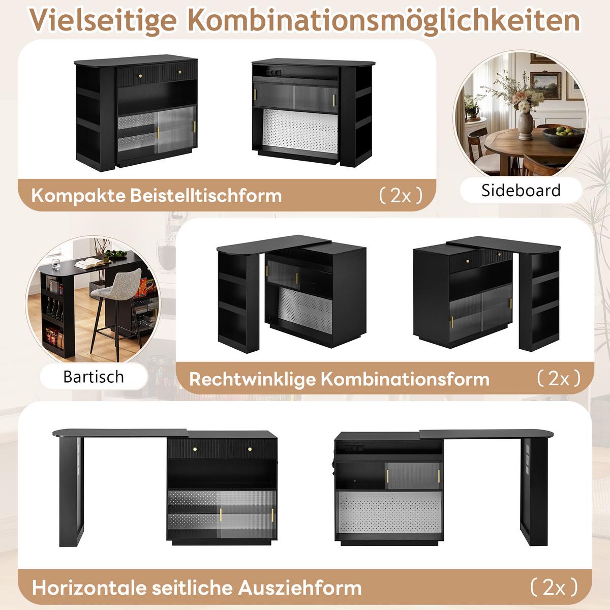 BARTISCH schwarz mit 360° drehbarem sideboard & led-beleuchtung - Schwarz, Holzwerkstoff (50/120/95.5cm) - Urban Meuble