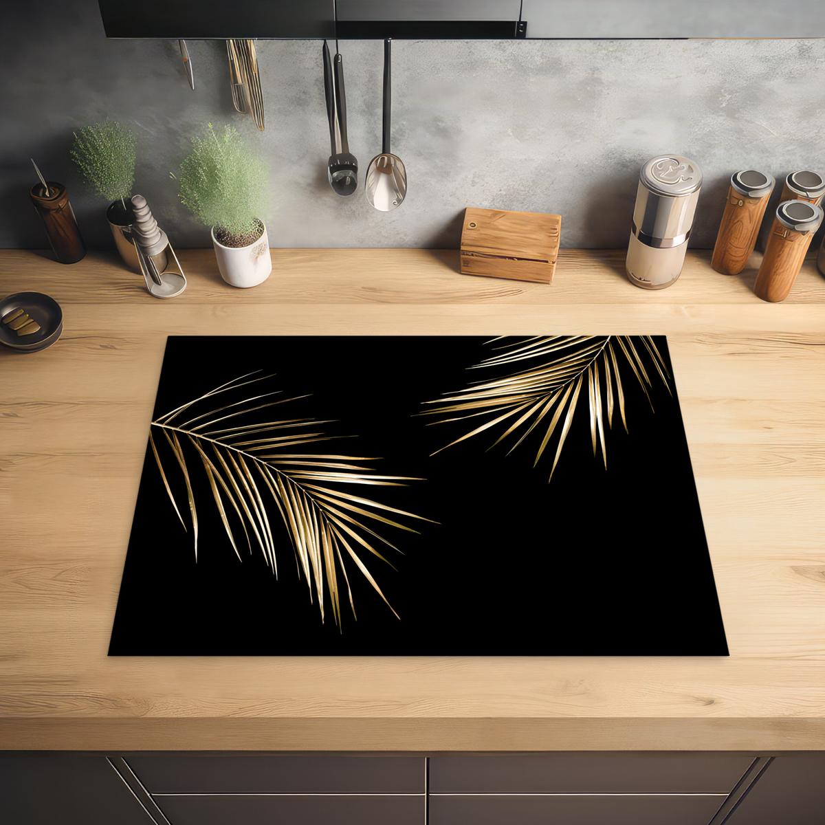 HERDABDECKPLATTE Blätter - Pflanzen - Gold - Schwarz - Luxus Herdabdeckung Induktionsfeld 70x52 cm - Goldfarben, Kunststoff (70/52/0.2cm) - MuchoWow
