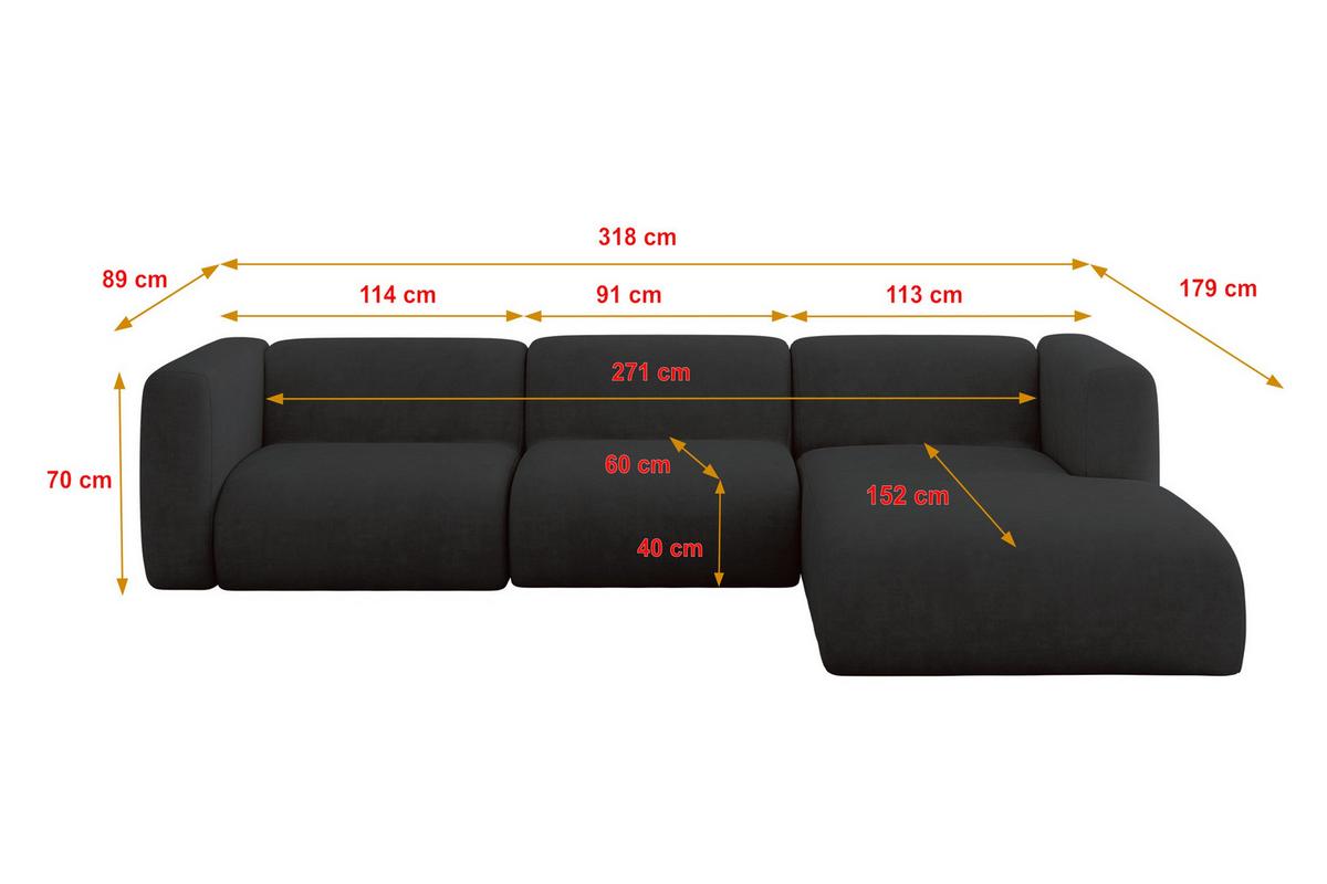 ECKSOFA Ottomane Rechts MIRA-L2 318x179x89 Schwarz Velours - Anthrazit/Schwarz, Holzwerkstoff/Kunststoff (318/179cm) - ALTDECOR