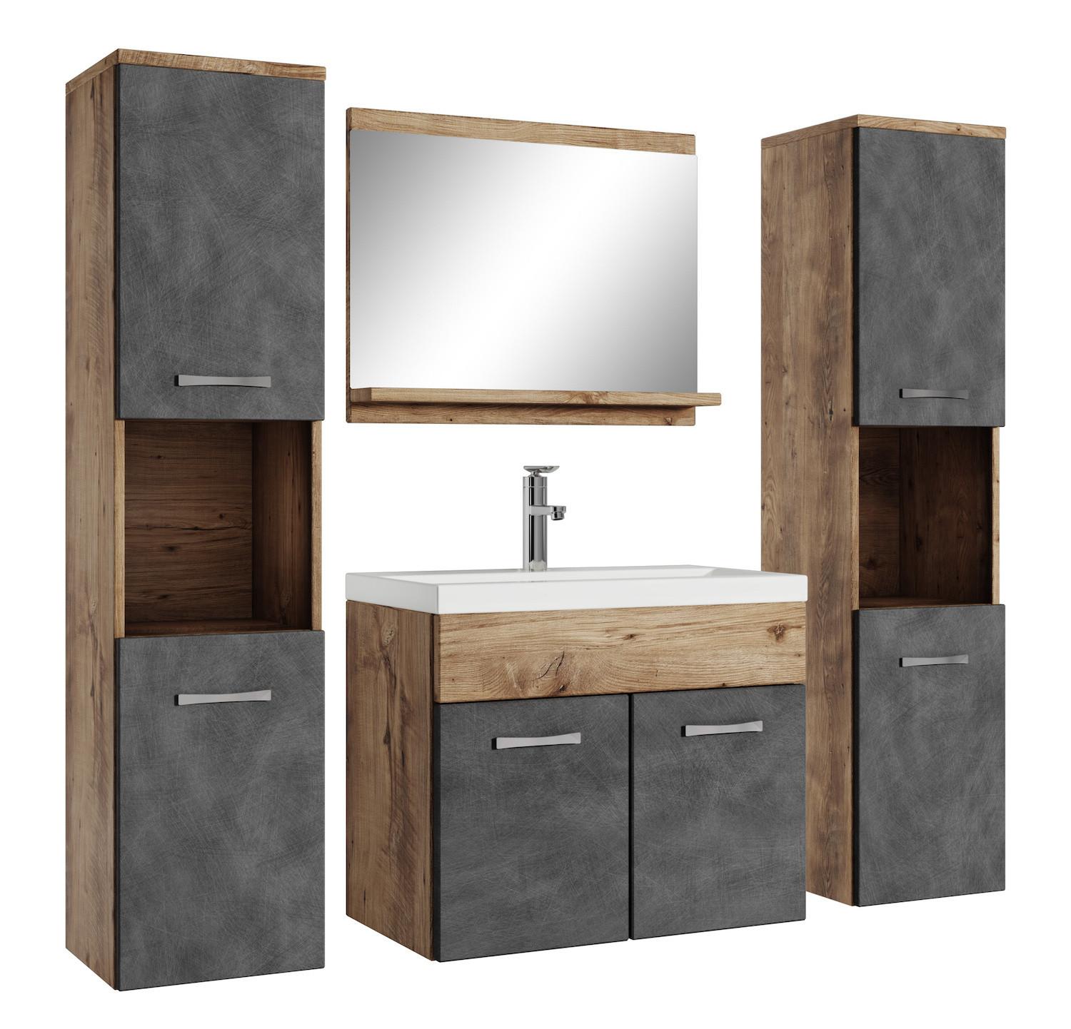 BADMÖBEL-SET Montreal 5 Teile Kastanien Eiche / Grau - 60 x 35 x 51 cm - Chromfarben/Dunkelgrau, Holz/Metall (60/51/35cm) - Badplaats